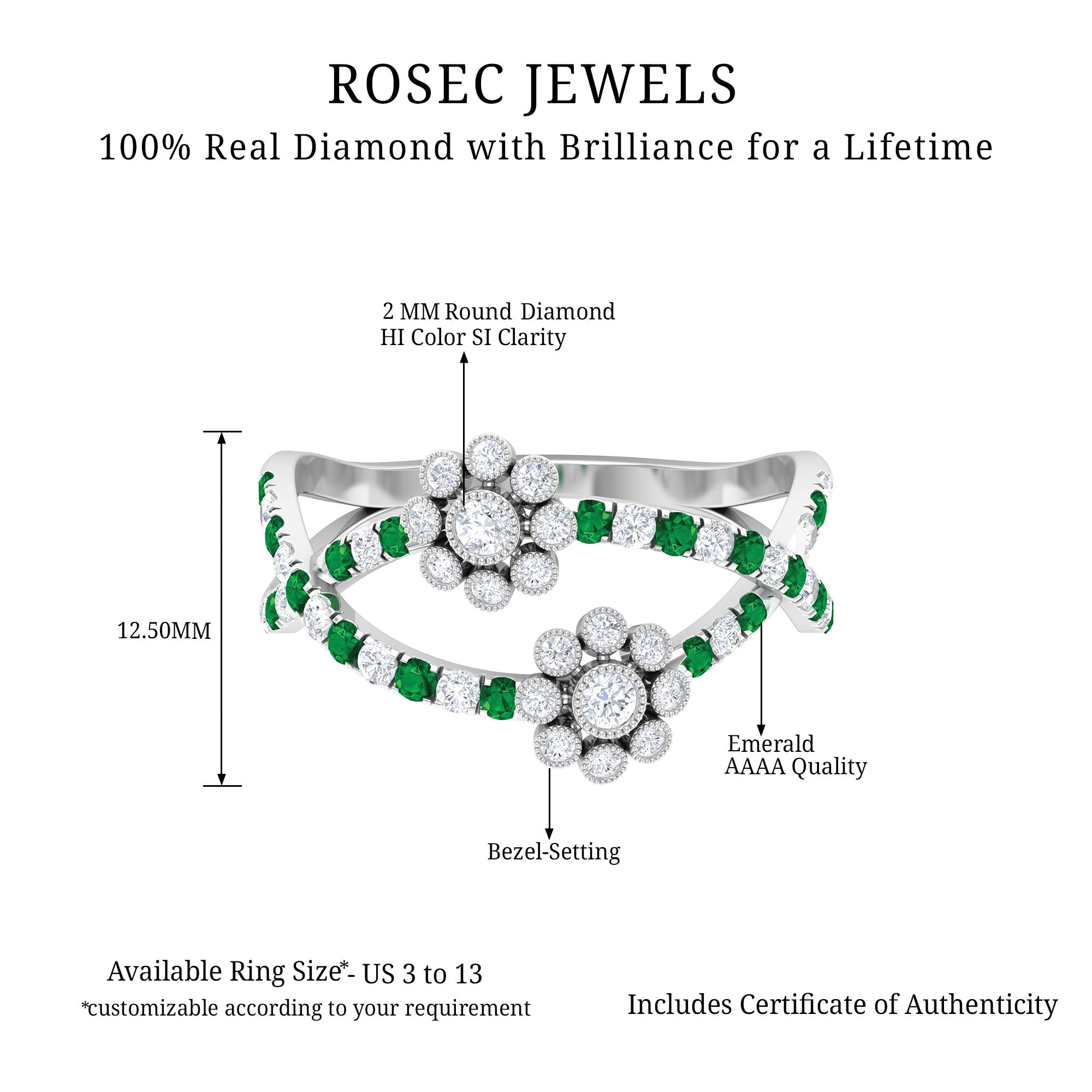 1 CT Floral Created Emerald and Diamond Cocktail Ring Lab Created Emerald - ( AAAA ) - Quality - Rosec Jewels