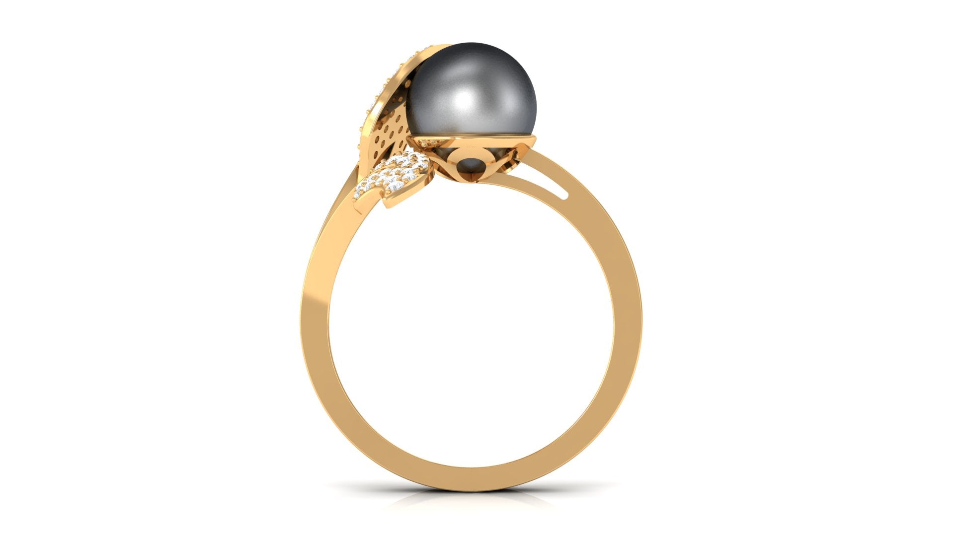 Round Tahitian Pearl and Diamond Leaf Engagement Ring Tahitian pearl - ( AAA ) - Quality - Rosec Jewels