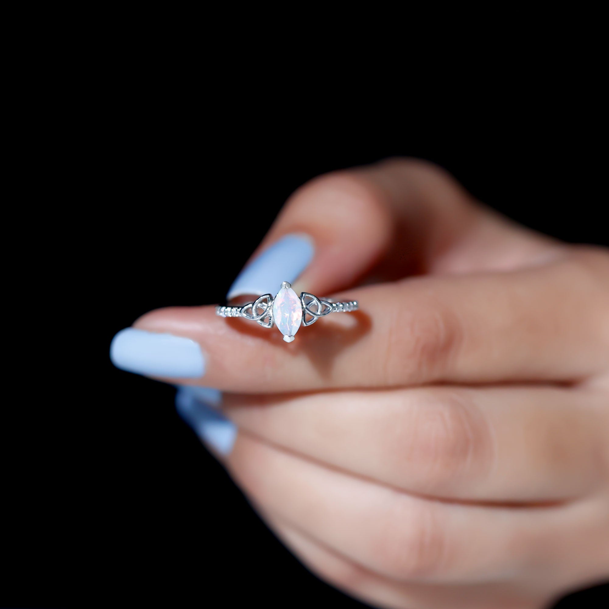 Gold Celtic Knot Solitaire Ring with Marquise Cut Ethiopian Opal and Moissanite Ethiopian Opal - ( AAA ) - Quality - Rosec Jewels