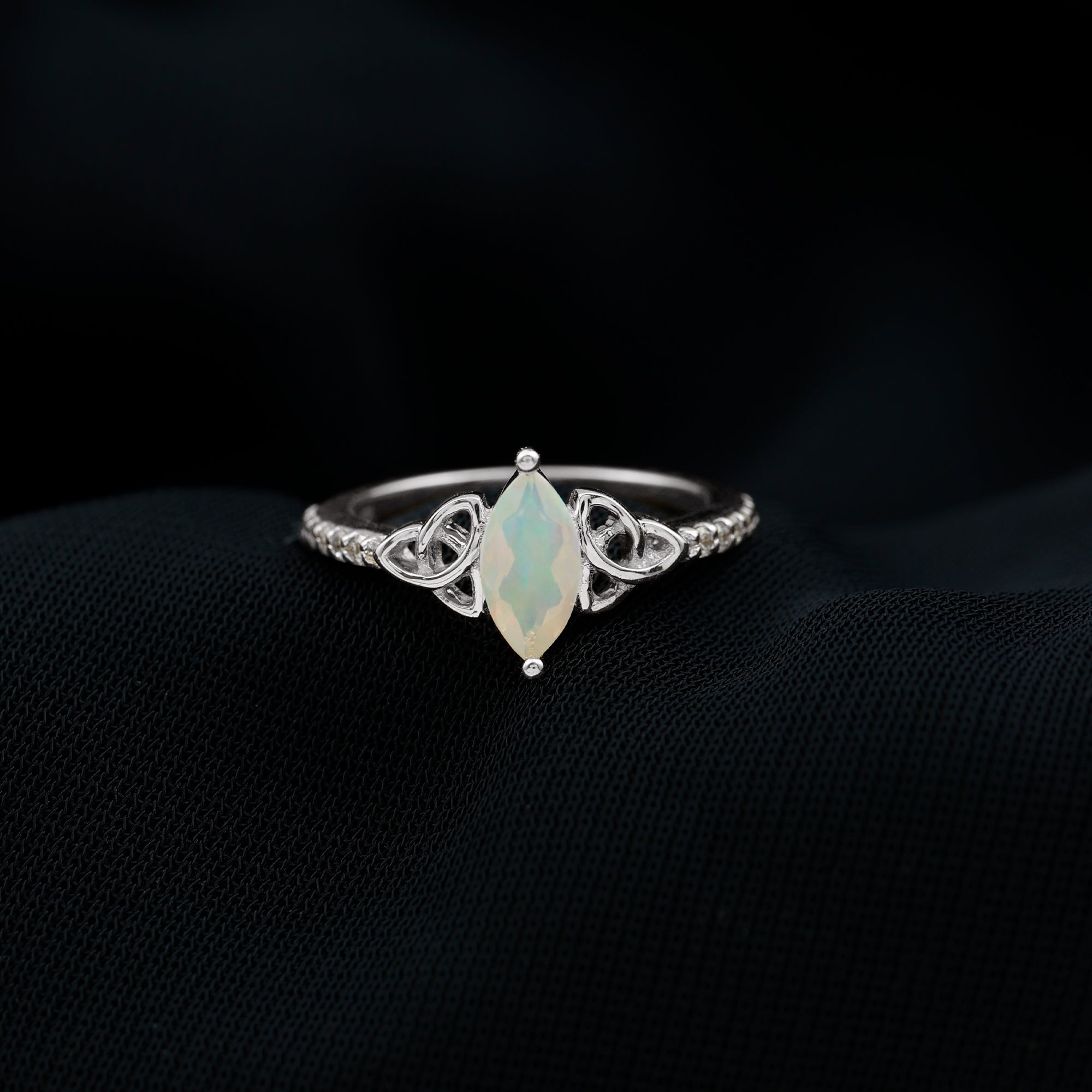 Gold Celtic Knot Solitaire Ring with Marquise Cut Ethiopian Opal and Moissanite Ethiopian Opal - ( AAA ) - Quality - Rosec Jewels