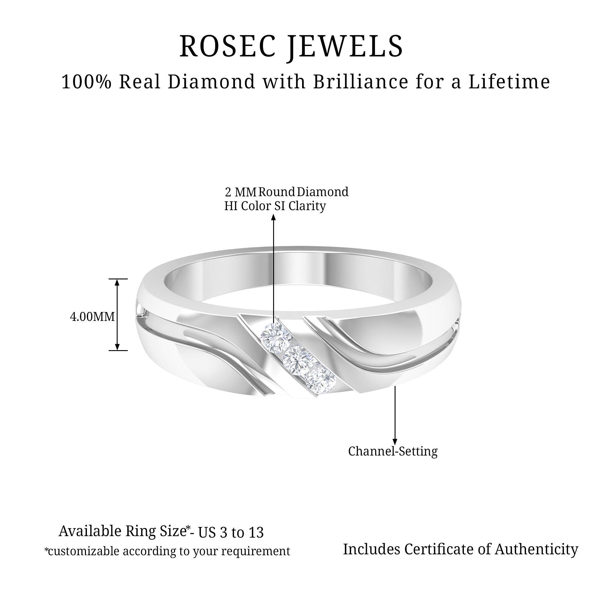 Gypsy Set Diamond Three Stone Band Ring for Men Diamond - ( HI-SI ) - Color and Clarity - Rosec Jewels