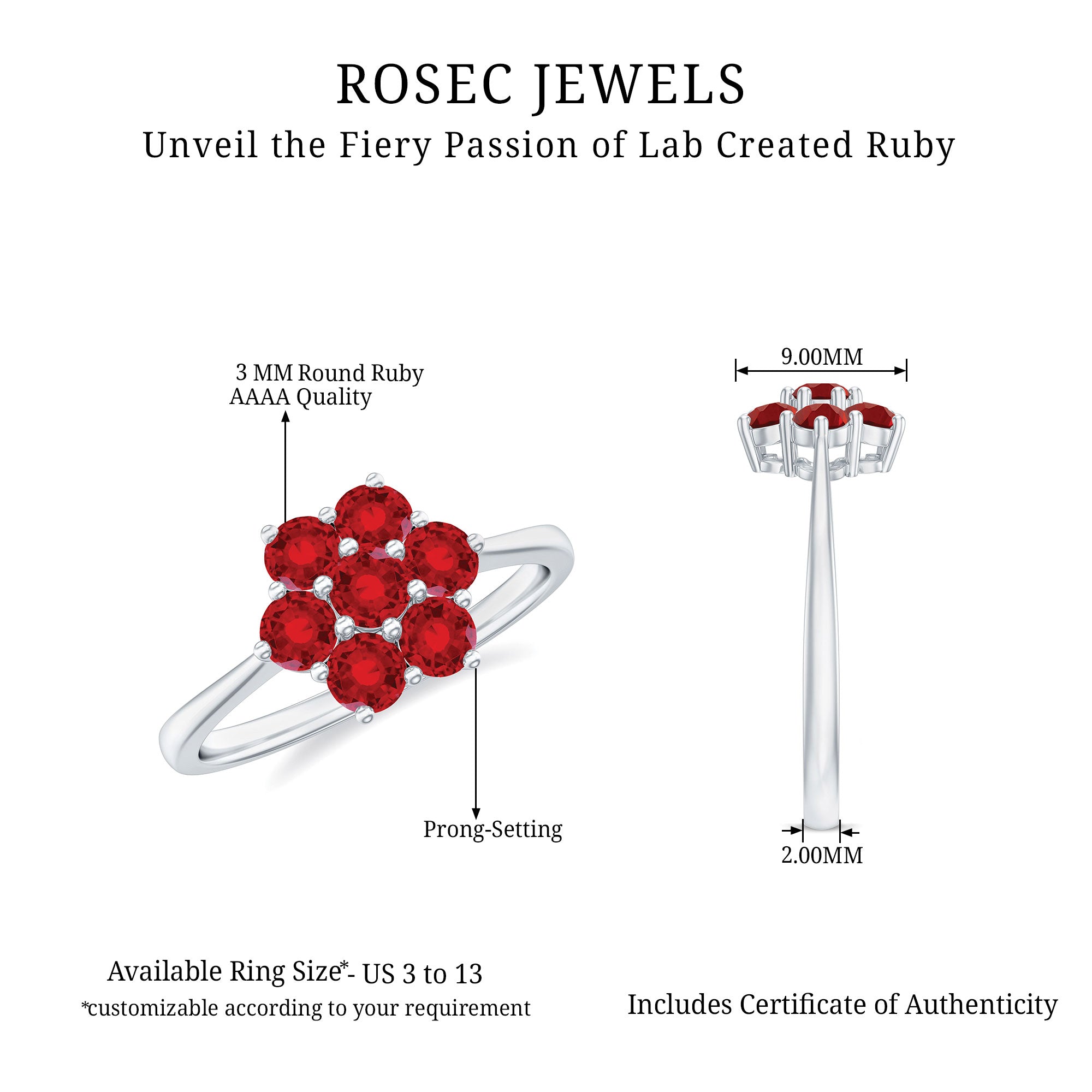 1 CT Created Ruby Cluster Flower Ring in Gold Lab Created Ruby - ( AAAA ) - Quality - Rosec Jewels