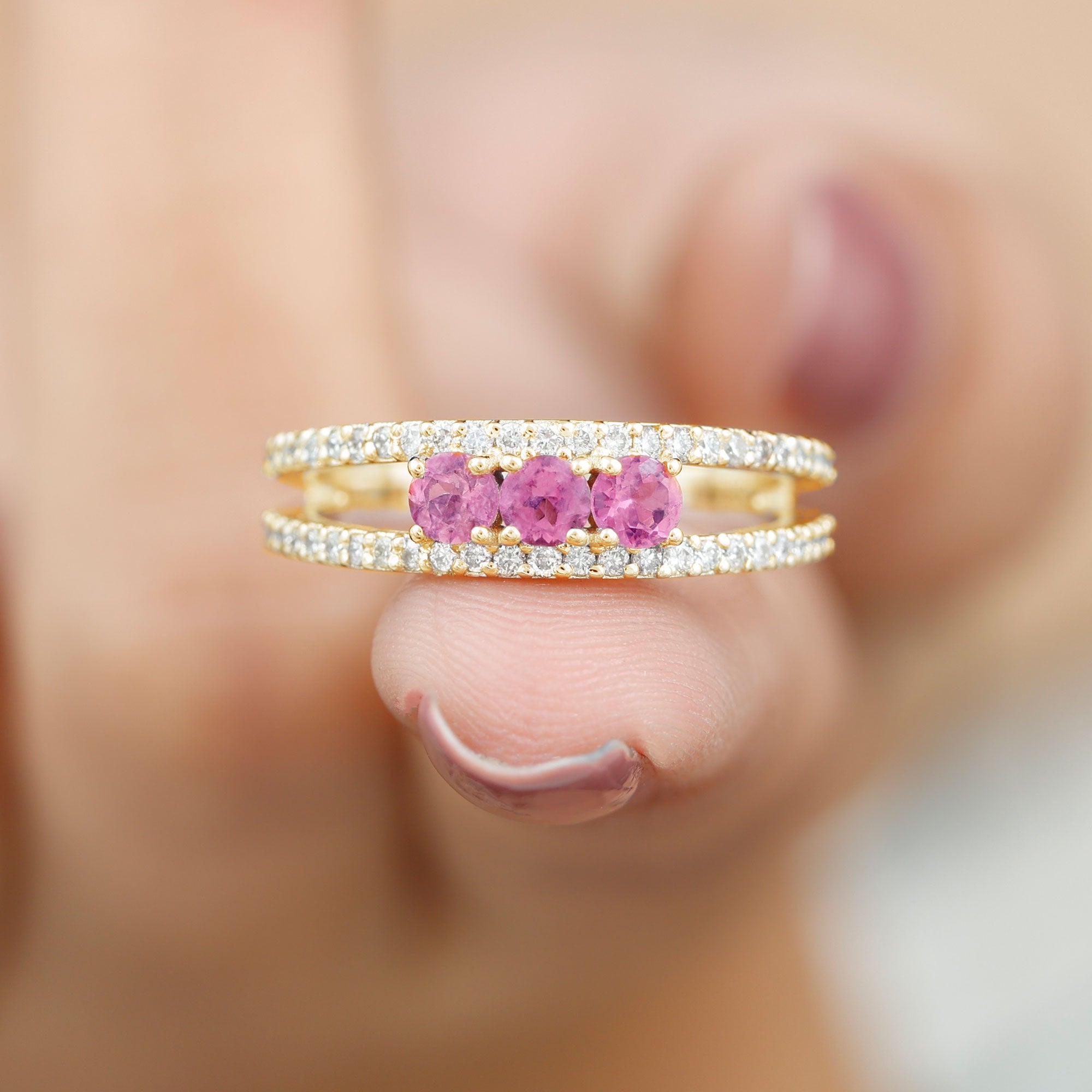 Pink Tourmaline and Diamond Split Shank Anniversary Ring Pink Tourmaline - ( AAA ) - Quality - Rosec Jewels