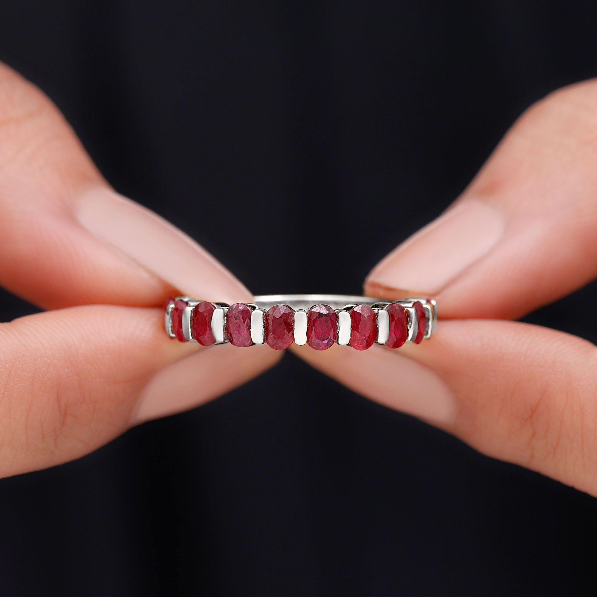 Oval Cut Created Ruby Half Eternity Ring in Bar Setting Lab Created Ruby - ( AAAA ) - Quality - Rosec Jewels