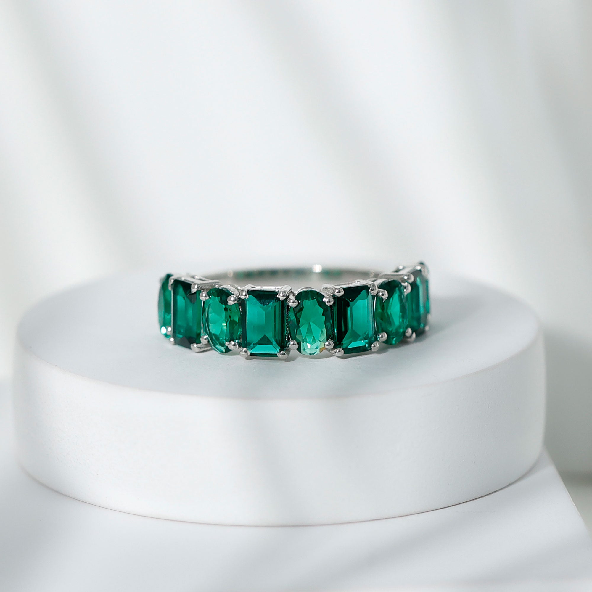 Emerald and Oval Lab Grown Emerald Half Eternity Ring Lab Created Emerald - ( AAAA ) - Quality 92.5 Sterling Silver 8 - Rosec Jewels