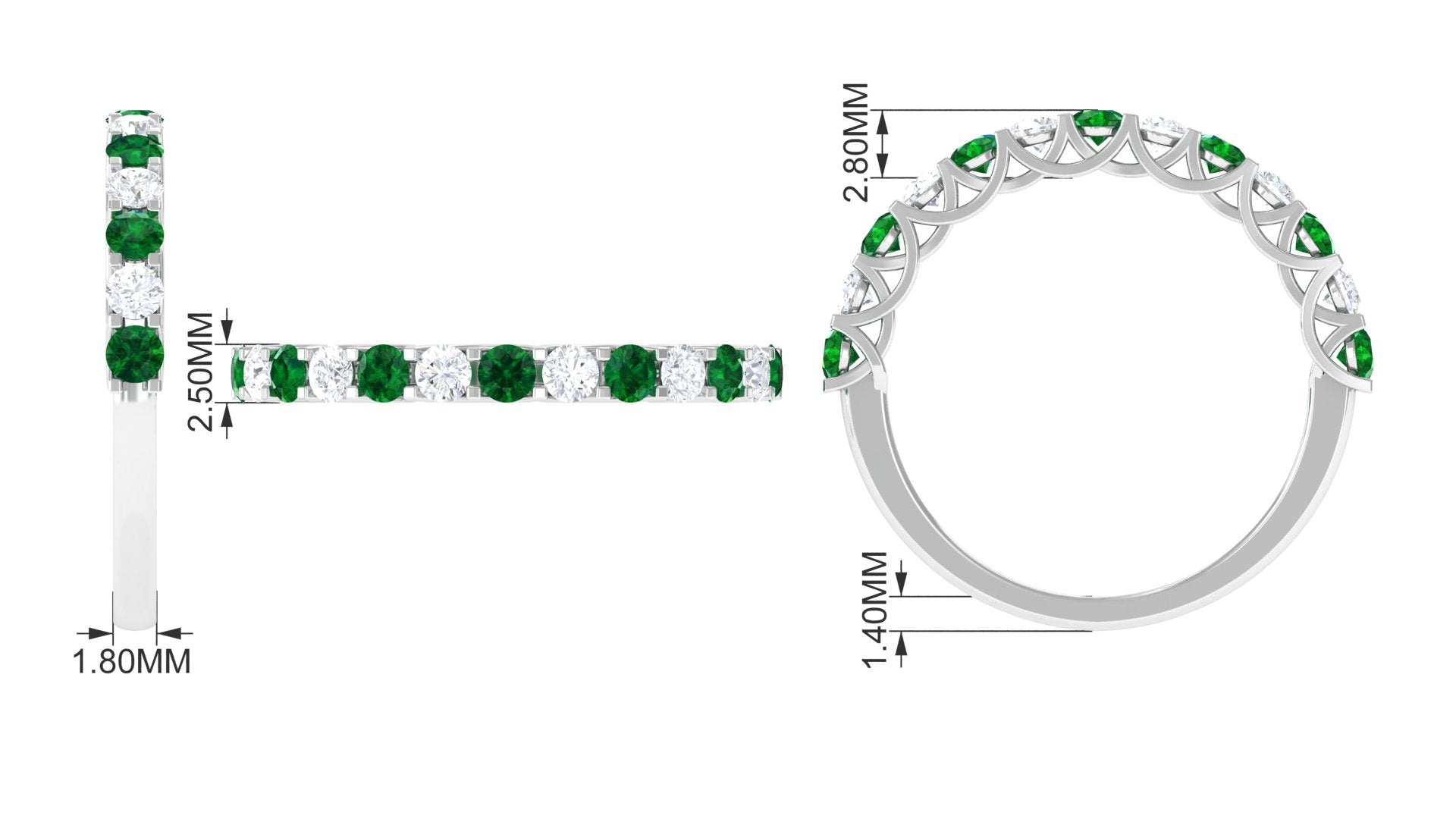 Trellis Set Round Emerald and Moissanite Half Eternity Ring Emerald - ( AAA ) - Quality - Rosec Jewels