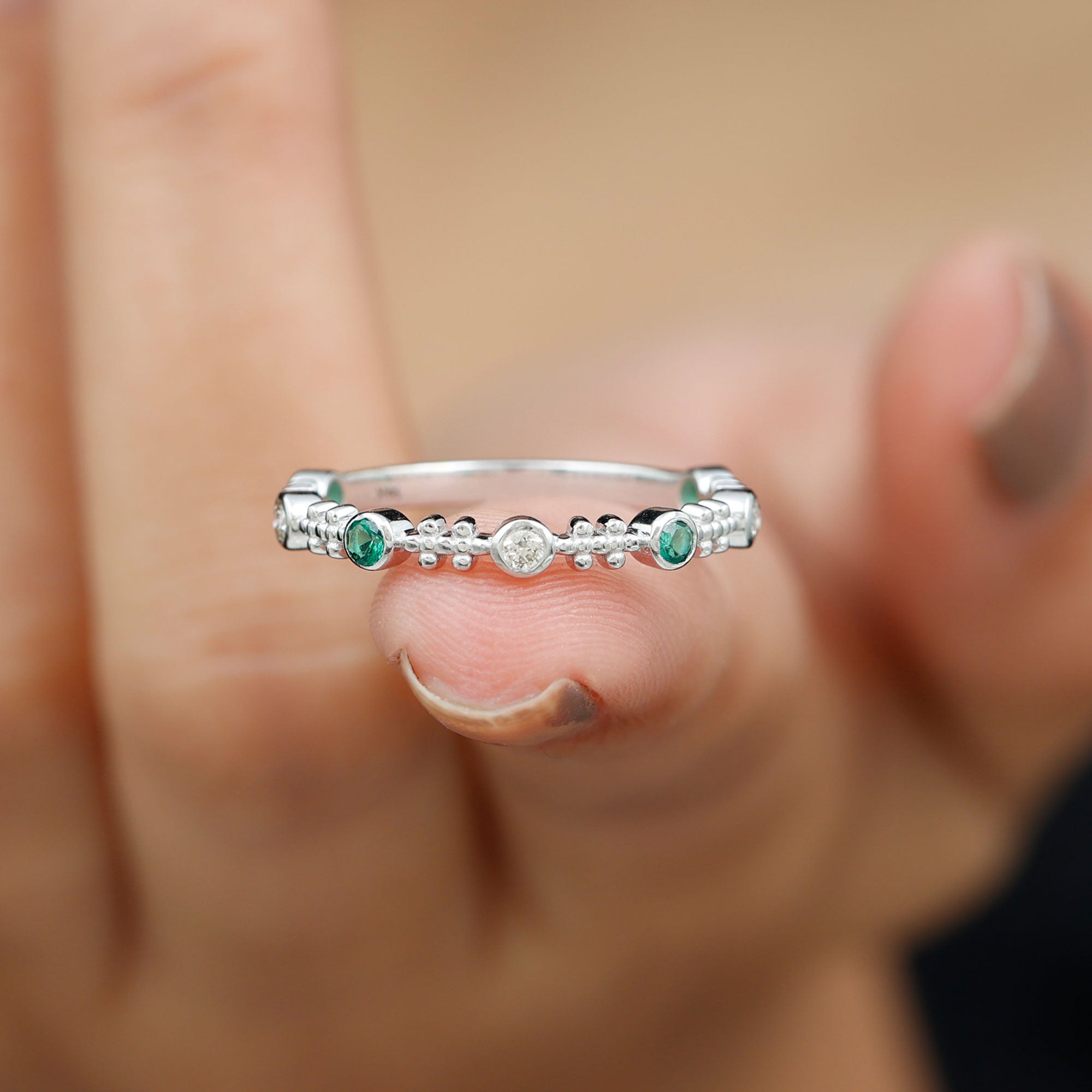 Bezel Set Lab Grown Emerald and Diamond Beaded Stackable Band Ring Lab Created Emerald - ( AAAA ) - Quality - Rosec Jewels