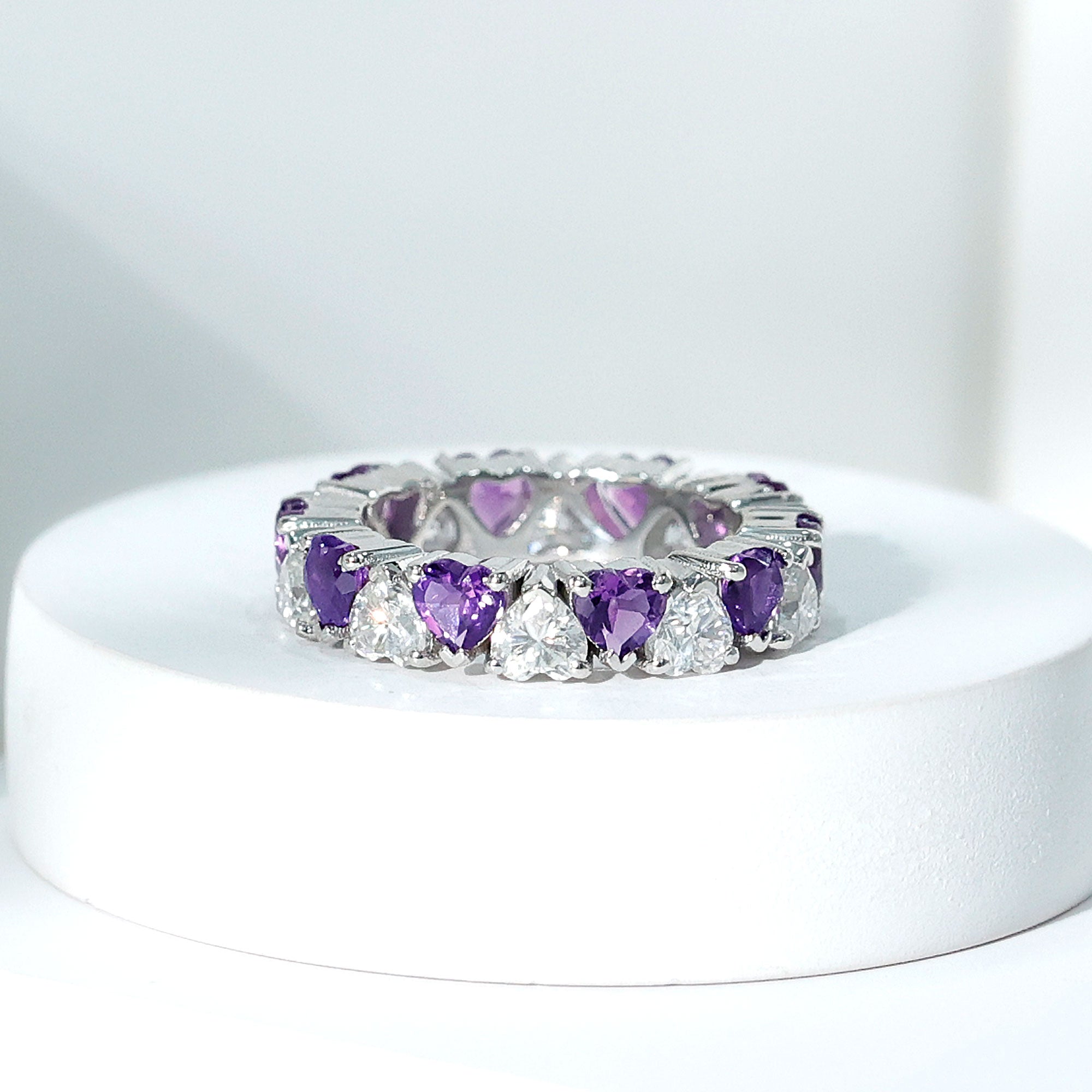 Heart Shape Purple Amethyst and Moissanite Eternity Ring in Claw Setting Amethyst - ( AAA ) - Quality 92.5 Sterling Silver 4.0 - Rosec Jewels