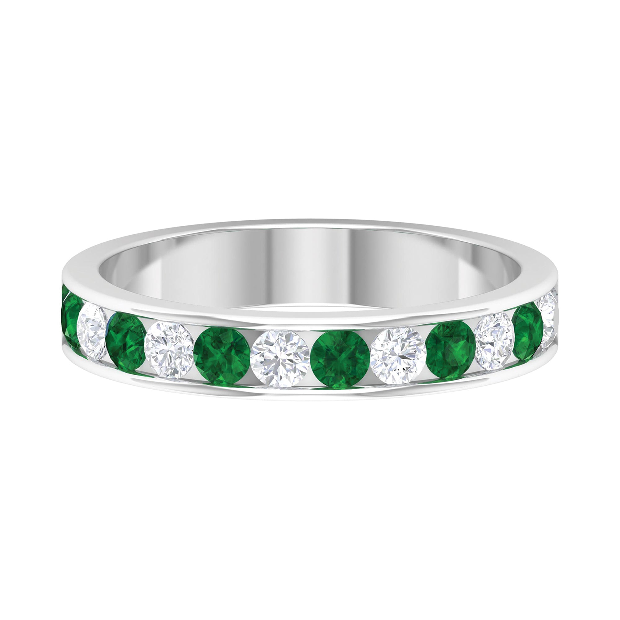 Emerald and Diamond Semi Eternity Band Ring Emerald - ( AAA ) - Quality - Rosec Jewels