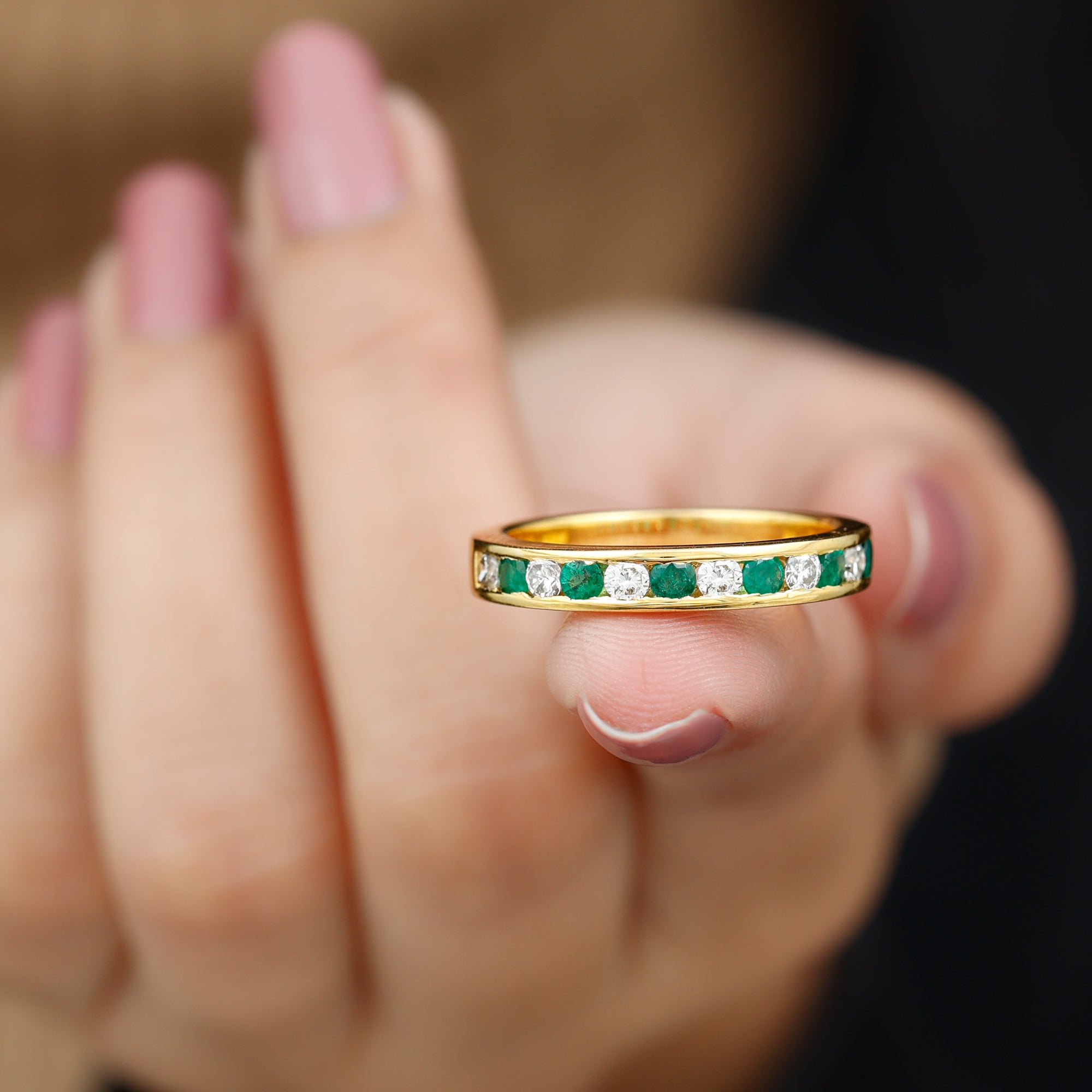 Emerald and Diamond Semi Eternity Band Ring Emerald - ( AAA ) - Quality - Rosec Jewels