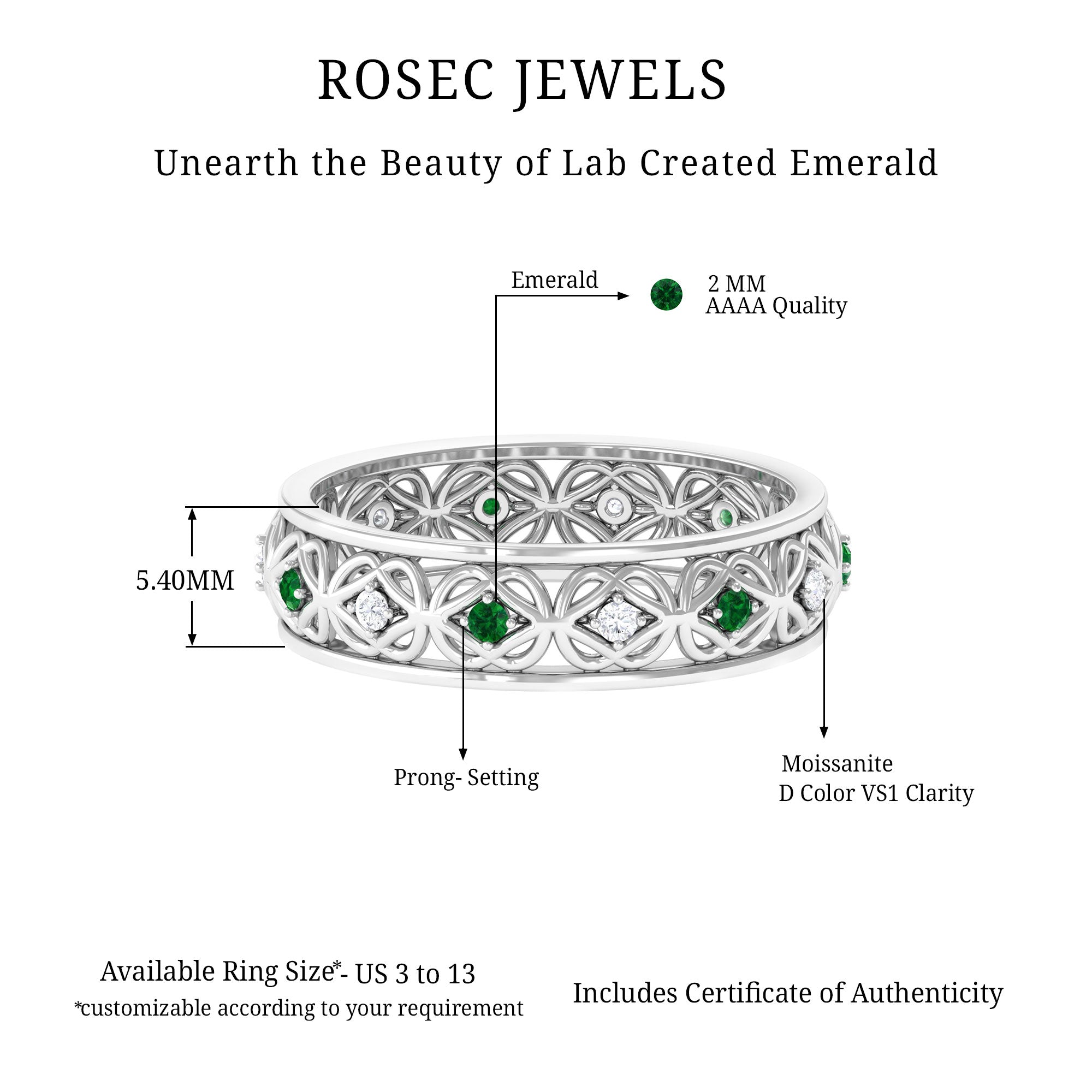 Lab Grown Emerald and Moissanite Celtic Wedding Band Ring Lab Created Emerald - ( AAAA ) - Quality - Rosec Jewels