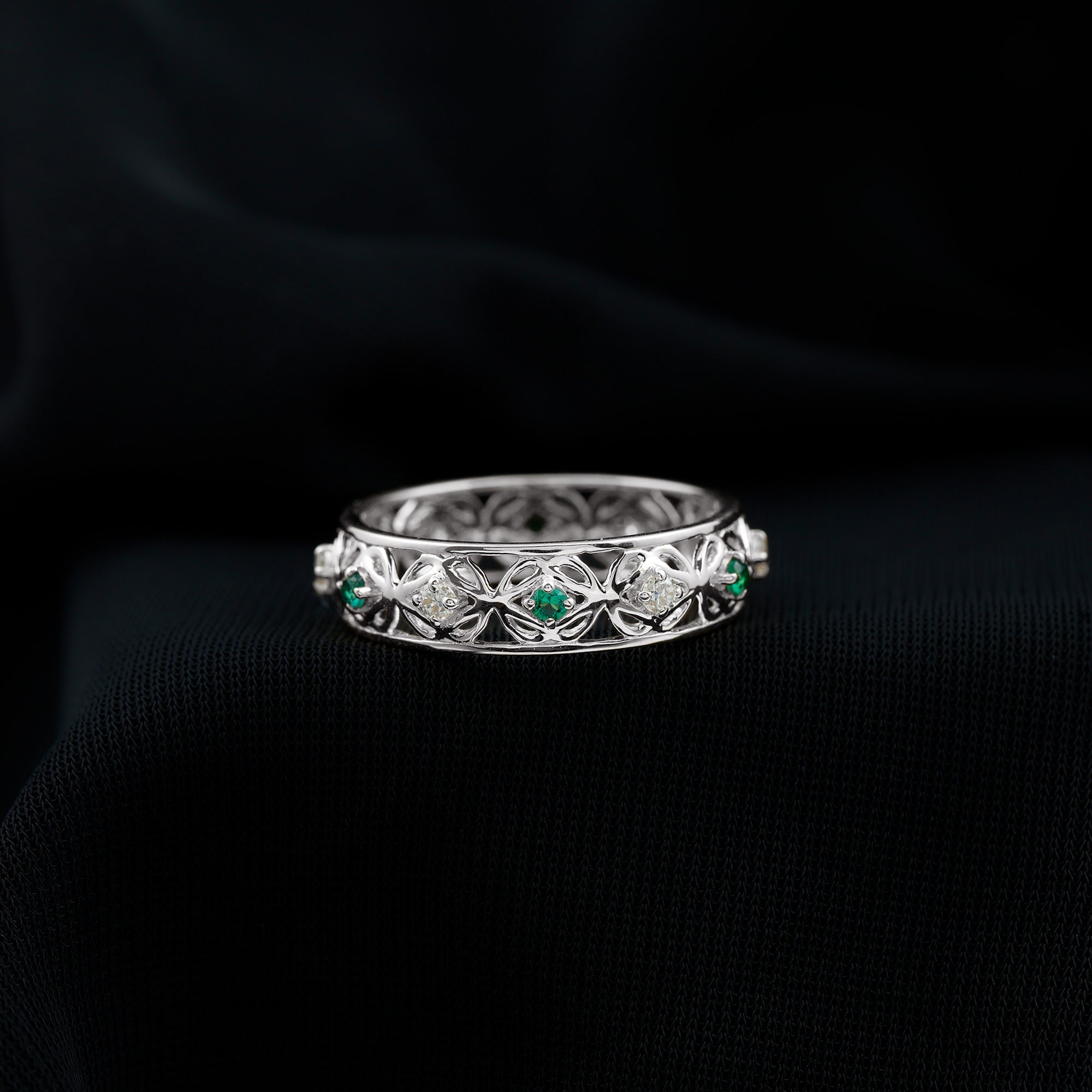 Lab Grown Emerald and Moissanite Celtic Wedding Band Ring Lab Created Emerald - ( AAAA ) - Quality - Rosec Jewels