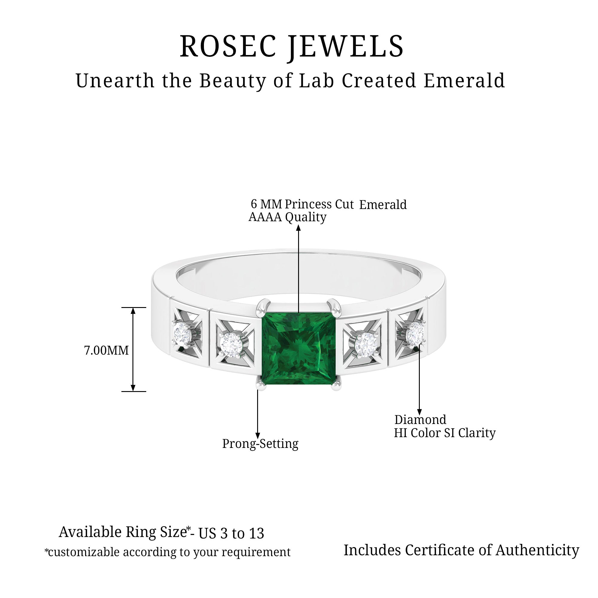 Princess Cut Lab Grown Emerald and Diamond Wedding Band Ring Lab Created Emerald - ( AAAA ) - Quality - Rosec Jewels