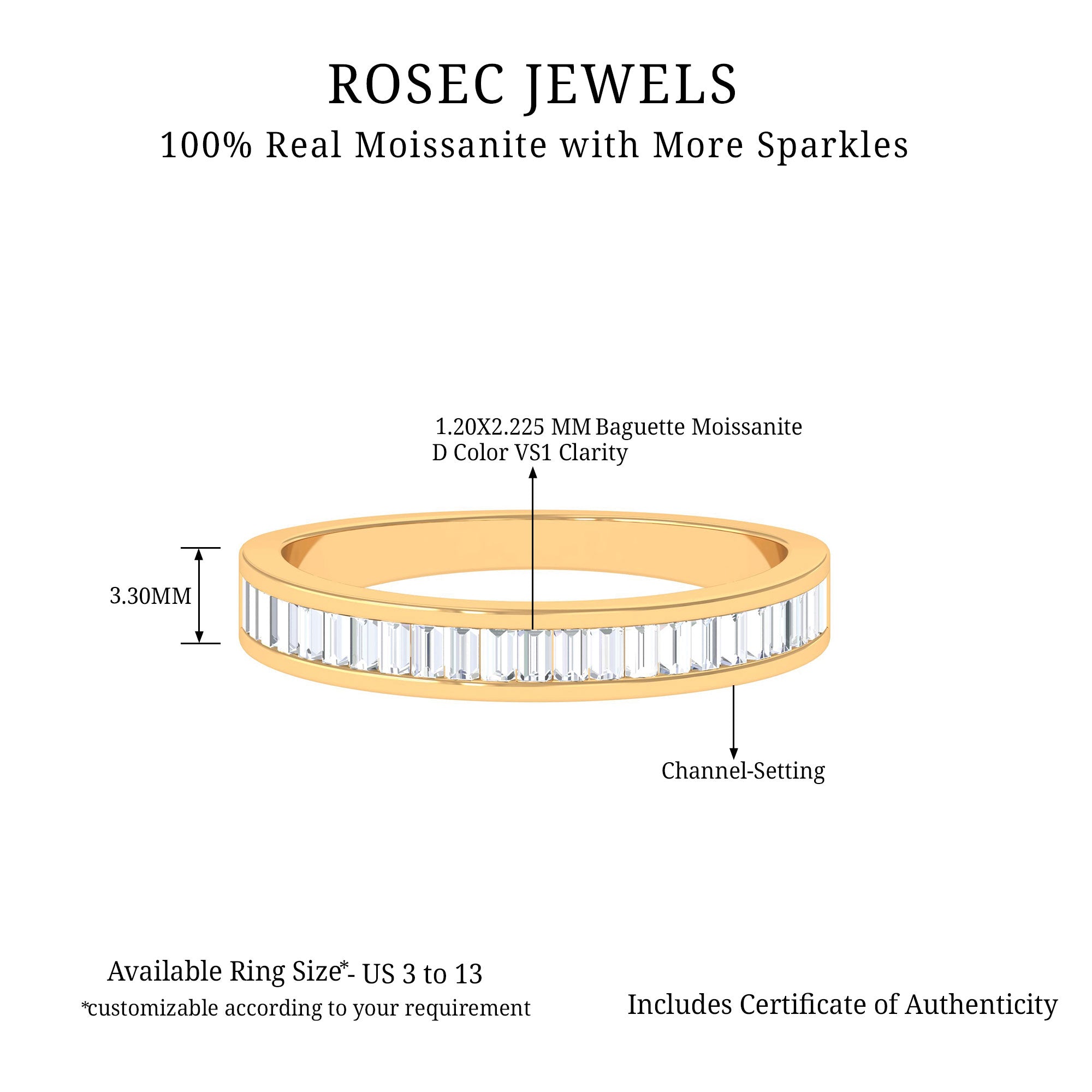 Channel Set Certified Moissanite Half Eternity Band Ring Moissanite - ( D-VS1 ) - Color and Clarity - Rosec Jewels