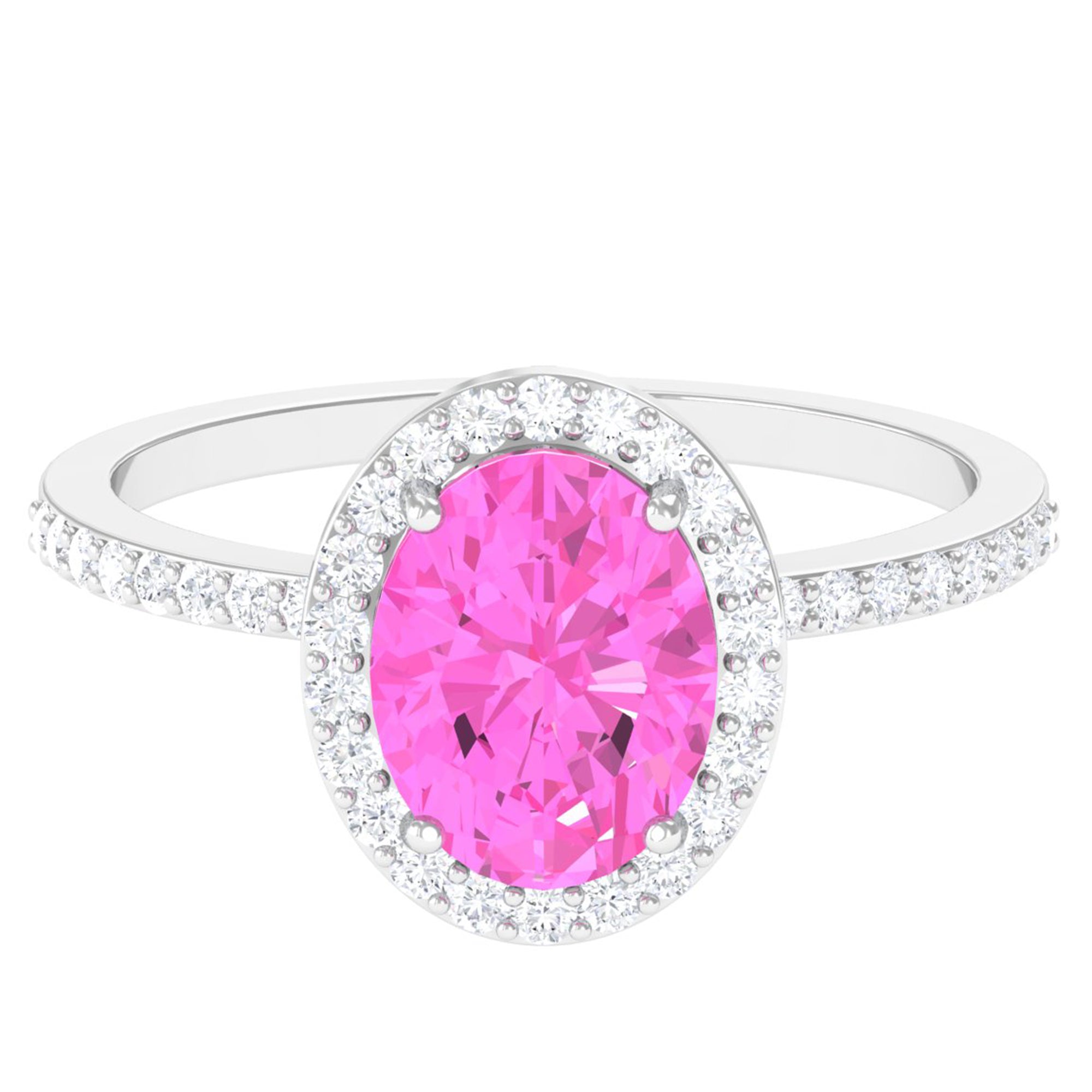 Oval Cut Created Pink Sapphire and Diamond Halo Ring Lab Created Pink Sapphire - ( AAAA ) - Quality - Rosec Jewels