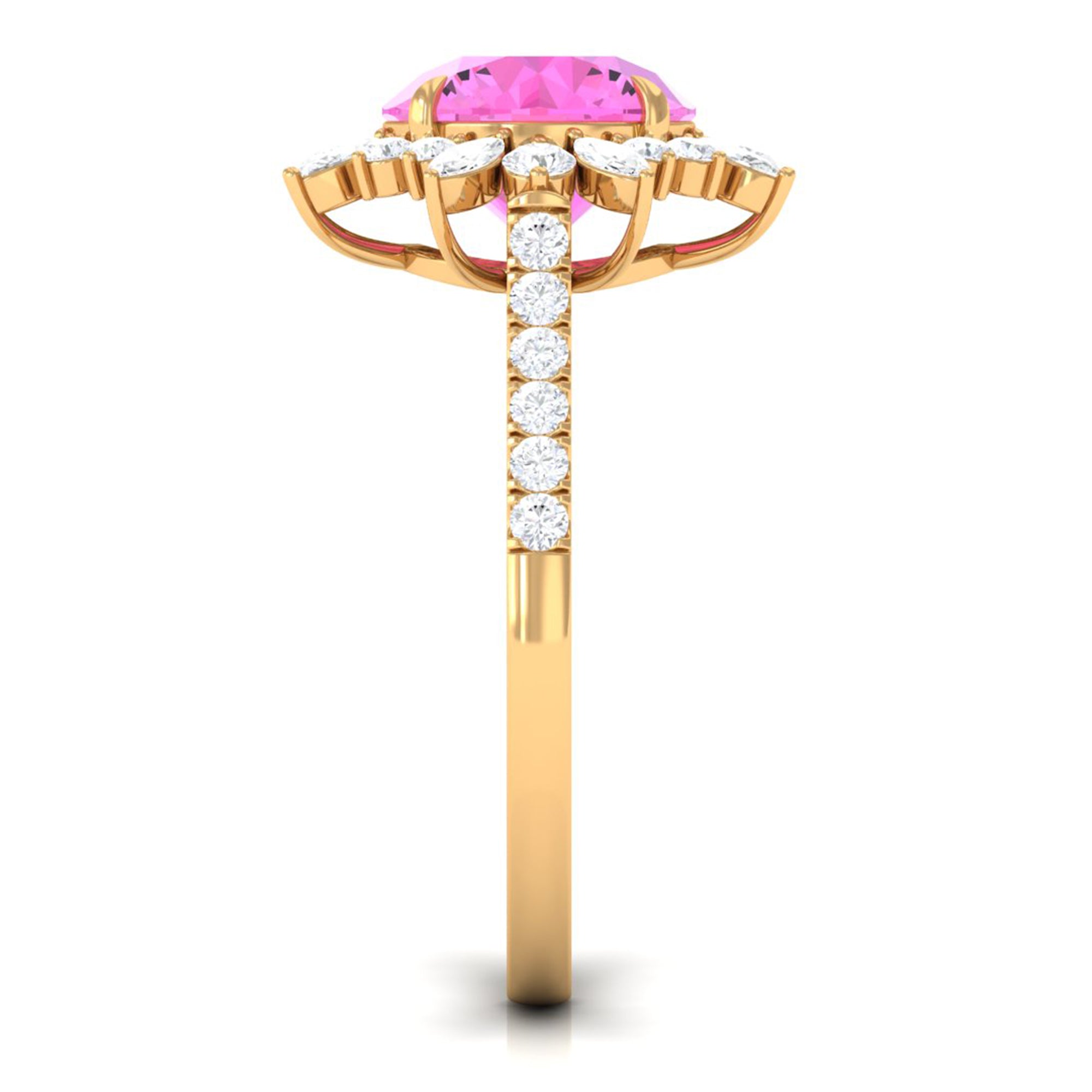 Created Pink Sapphire Cocktail Ring with Moissanite Floral Halo Lab Created Pink Sapphire - ( AAAA ) - Quality - Rosec Jewels