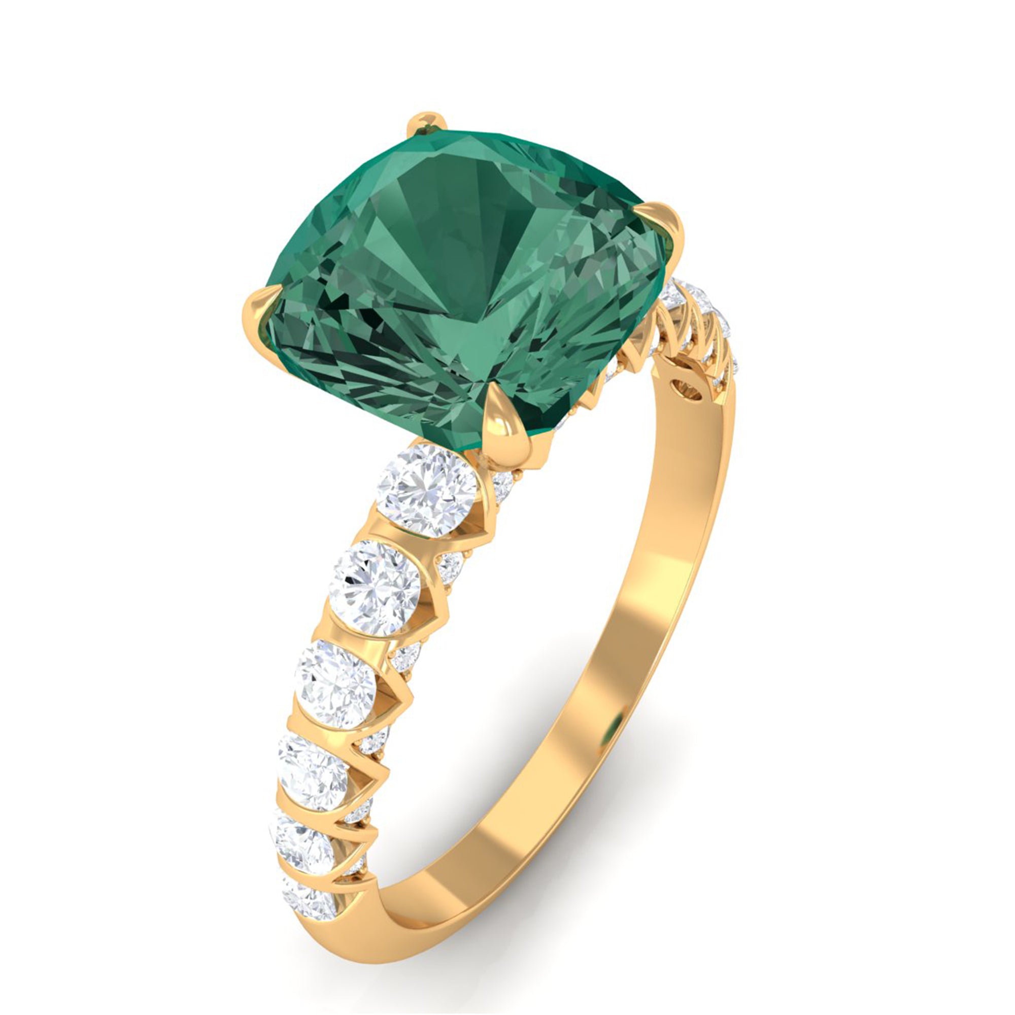 Cushion Cut Created Green Sapphire Engagement Ring with Moissanite Lab Created Green Sapphire - ( AAAA ) - Quality - Rosec Jewels