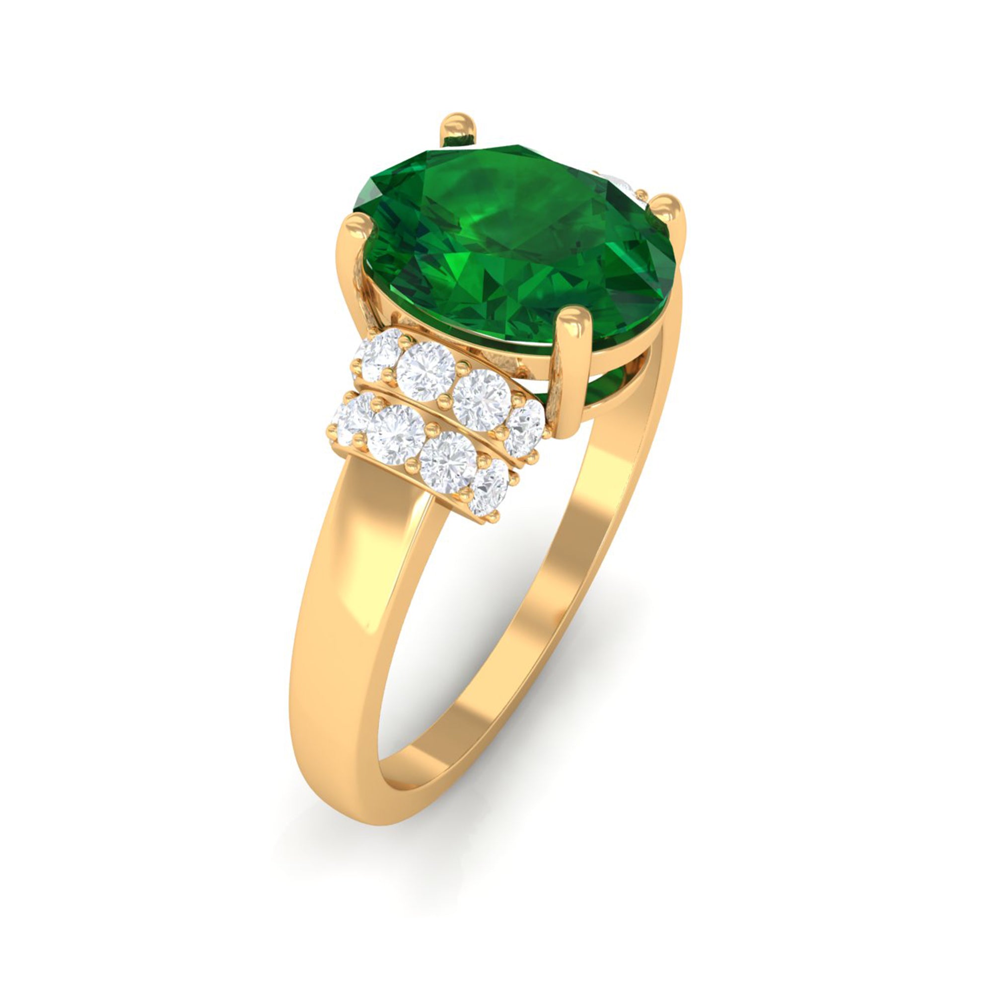 Oval Created Emerald Engagement Ring with Diamond Collar Lab Created Emerald - ( AAAA ) - Quality - Rosec Jewels