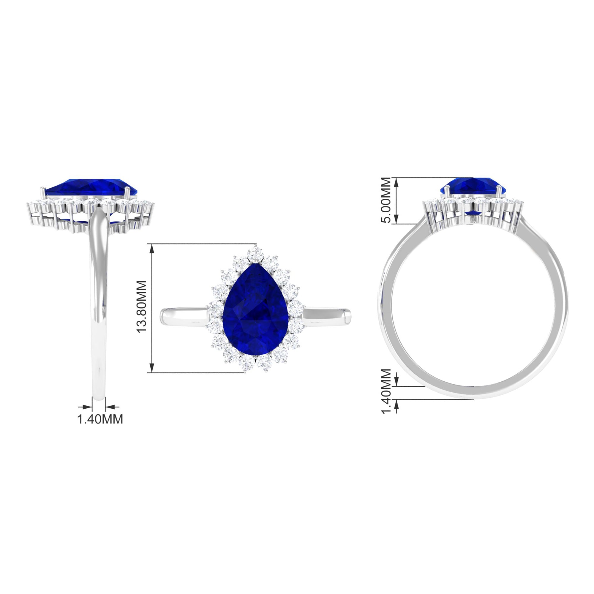 Created Blue Sapphire and Diamond Halo Teardrop Ring Lab Created Blue Sapphire - ( AAAA ) - Quality - Rosec Jewels