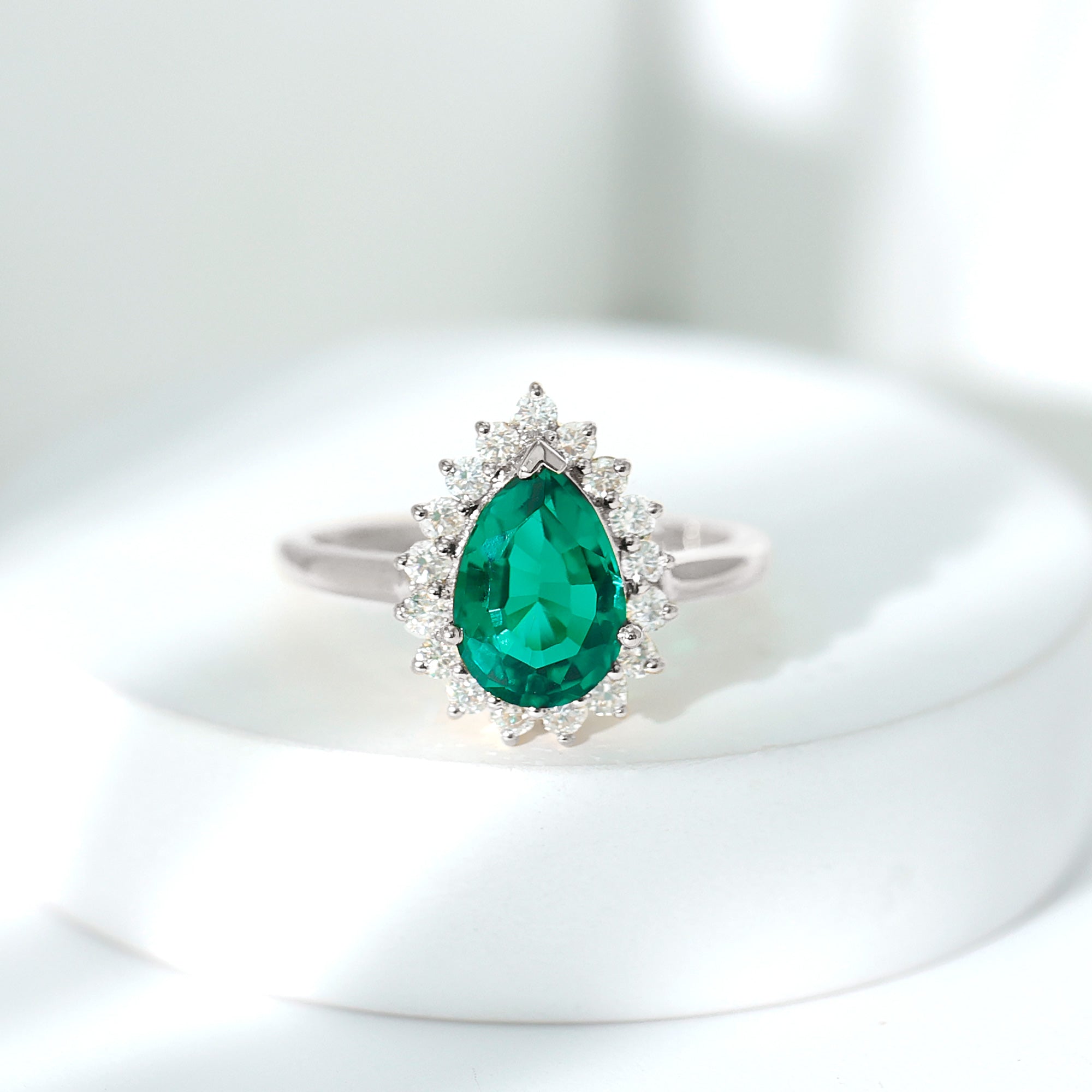 Pear Created Emerald and Diamond Halo Engagement Ring Lab Created Emerald - ( AAAA ) - Quality - Rosec Jewels