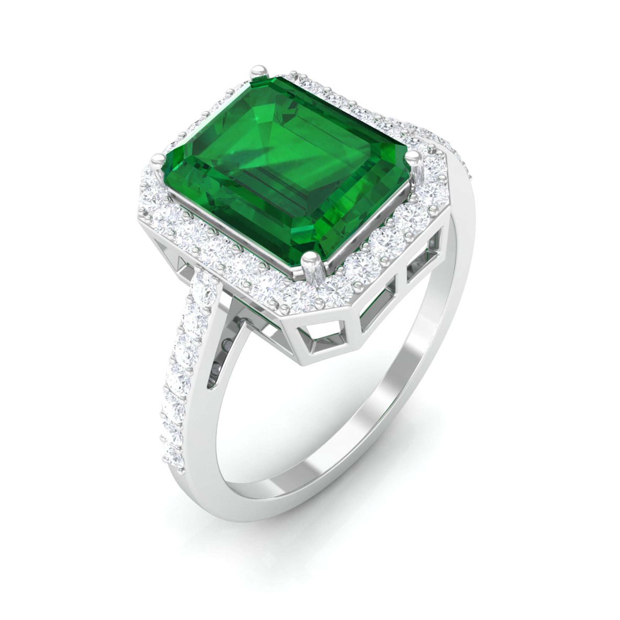 Big Octagon Cut Created Emerald Halo Engagement Ring with Diamond Lab Created Emerald - ( AAAA ) - Quality - Rosec Jewels