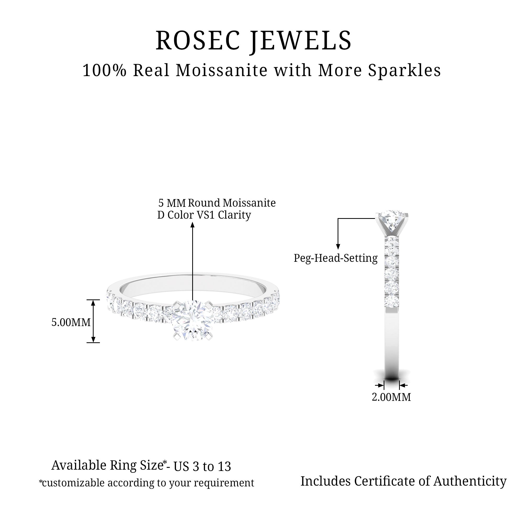 Classic Moissanite Engagement Ring with Side Stones Moissanite - ( D-VS1 ) - Color and Clarity - Rosec Jewels