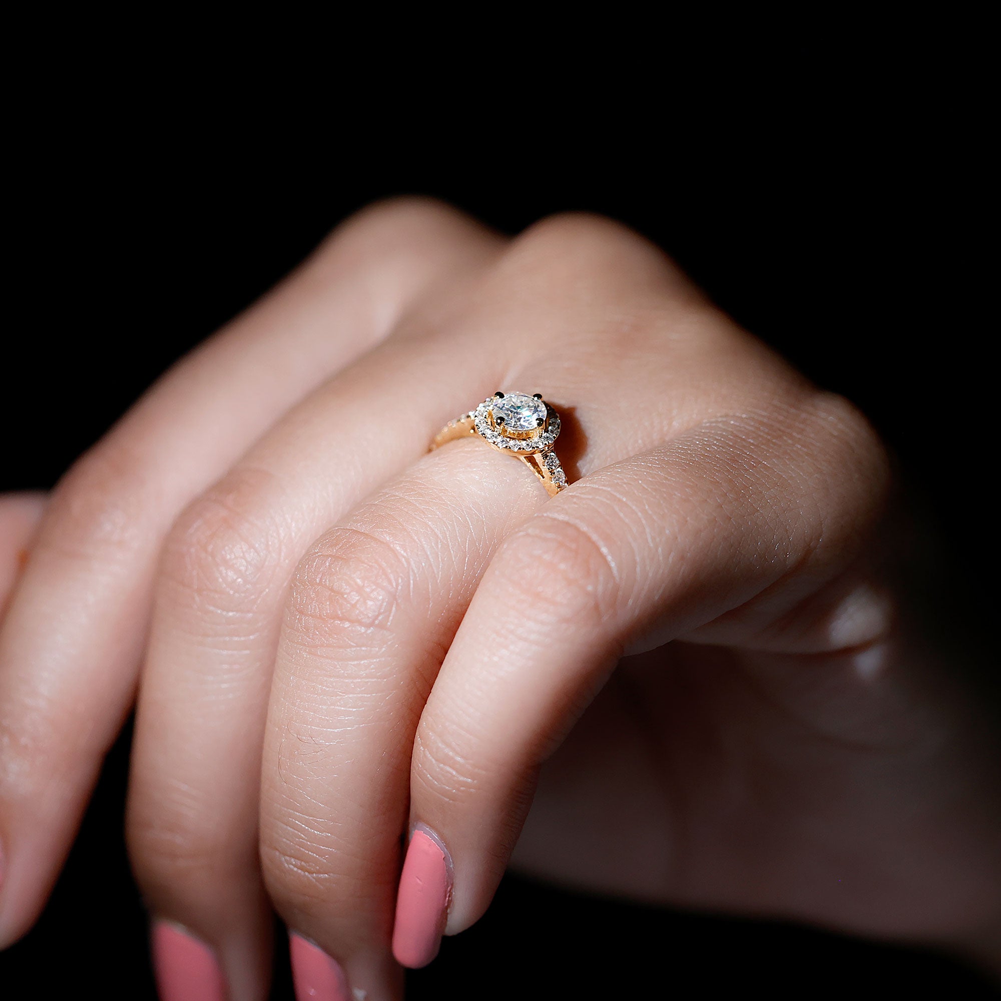 Round Cut Moissanite Halo Promise Ring in Gold Moissanite - ( D-VS1 ) - Color and Clarity - Rosec Jewels