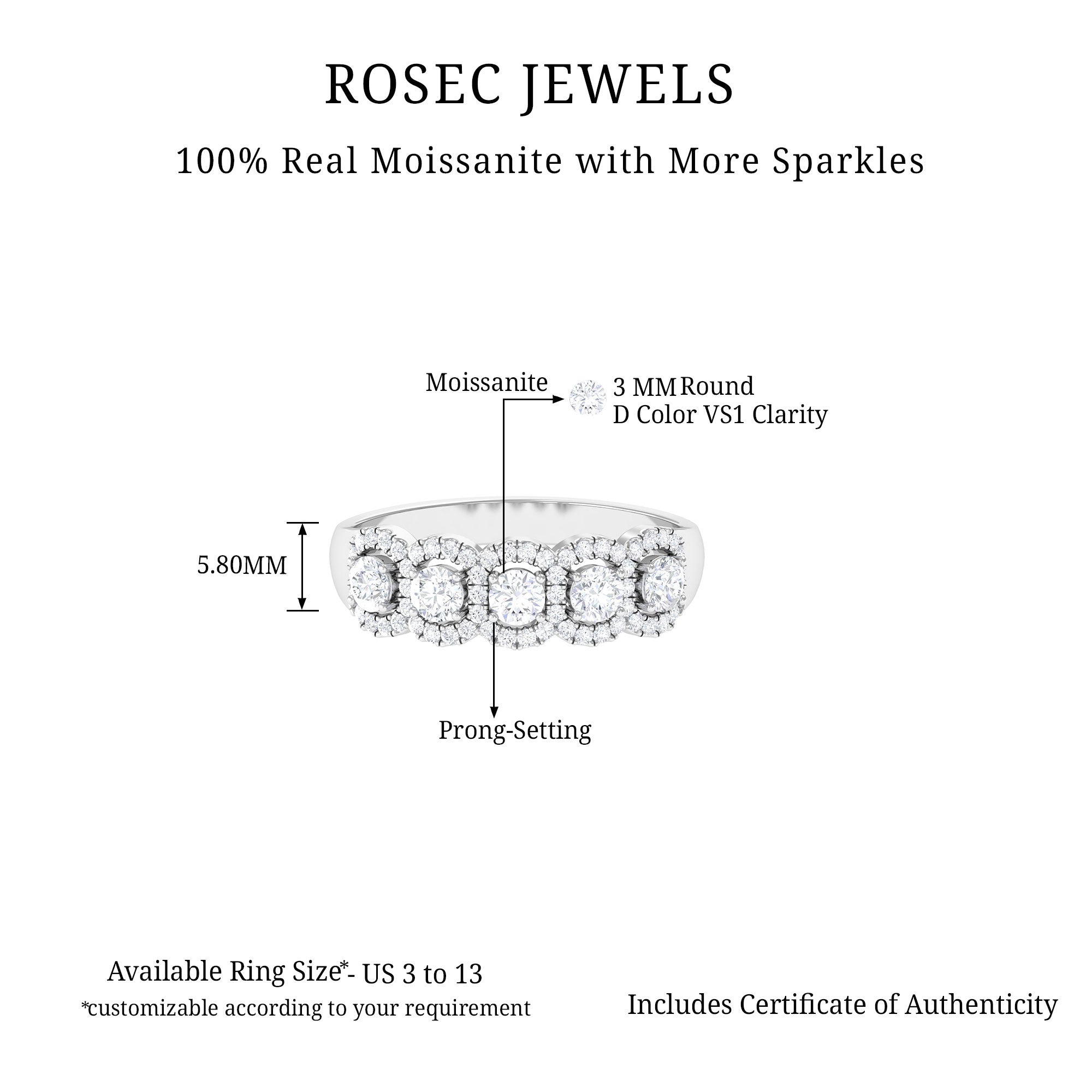 .75 CT Round Cut Moissanite Five Stone Anniversary Ring Moissanite - ( D-VS1 ) - Color and Clarity - Rosec Jewels