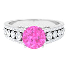 Created Pink Sapphire Engagement Ring with Moissanite Side Stones Lab Created Pink Sapphire - ( AAAA ) - Quality - Rosec Jewels