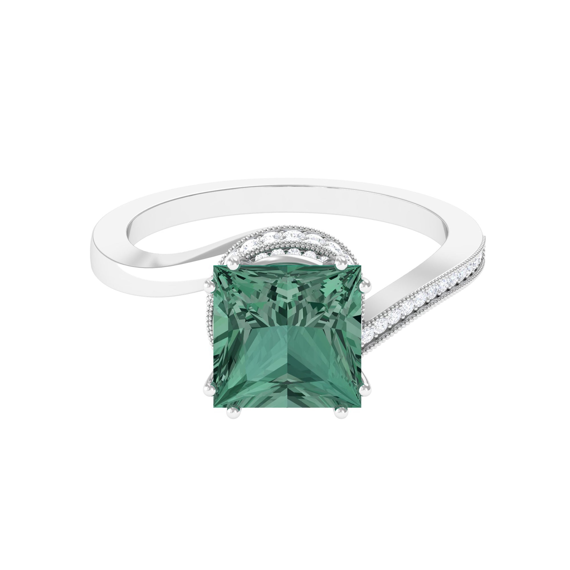 Created Green Sapphire Bypass Engagement Ring with Moissanite Lab Created Green Sapphire - ( AAAA ) - Quality - Rosec Jewels