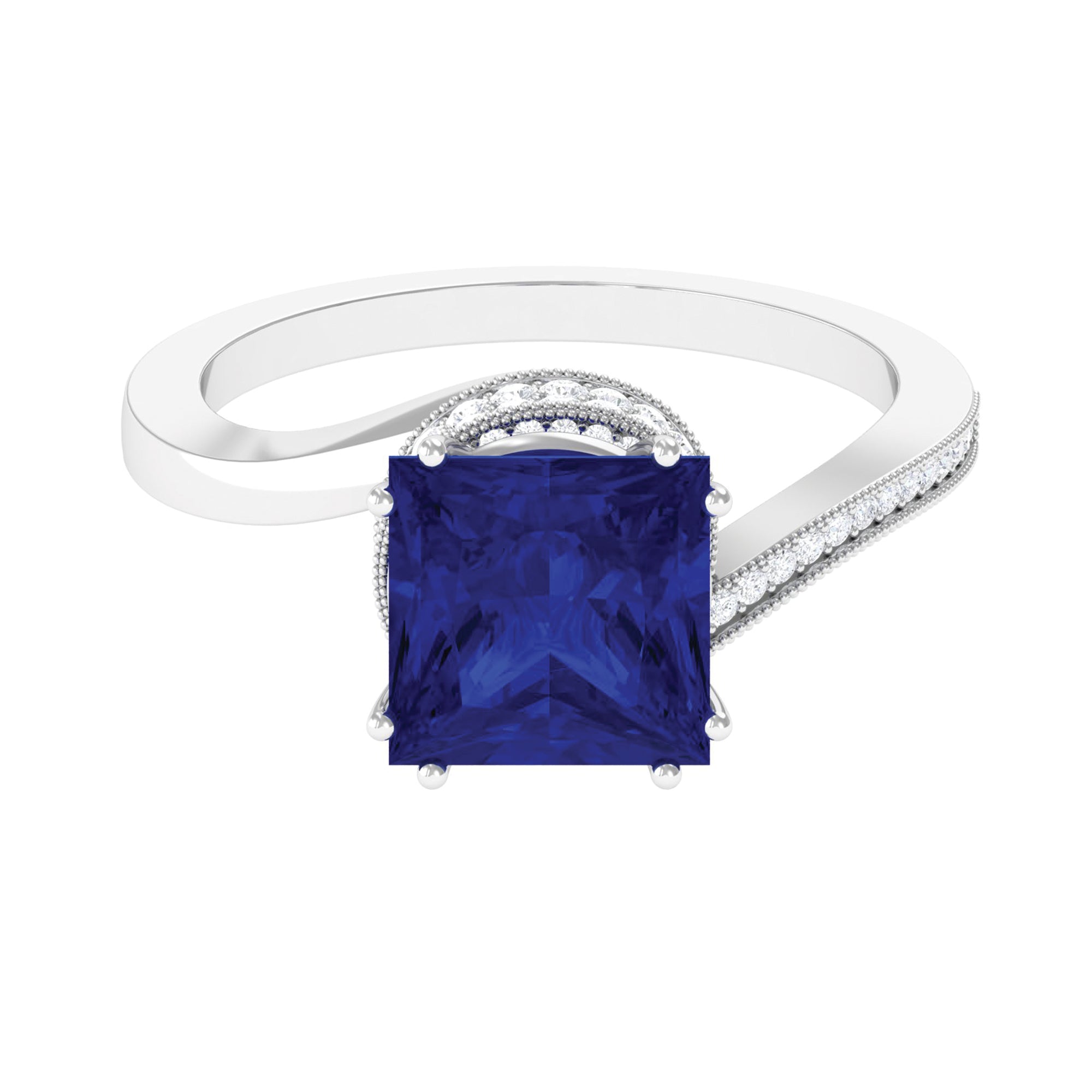 Unique Created Blue Sapphire Solitaire Engagement Ring Lab Created Blue Sapphire - ( AAAA ) - Quality - Rosec Jewels