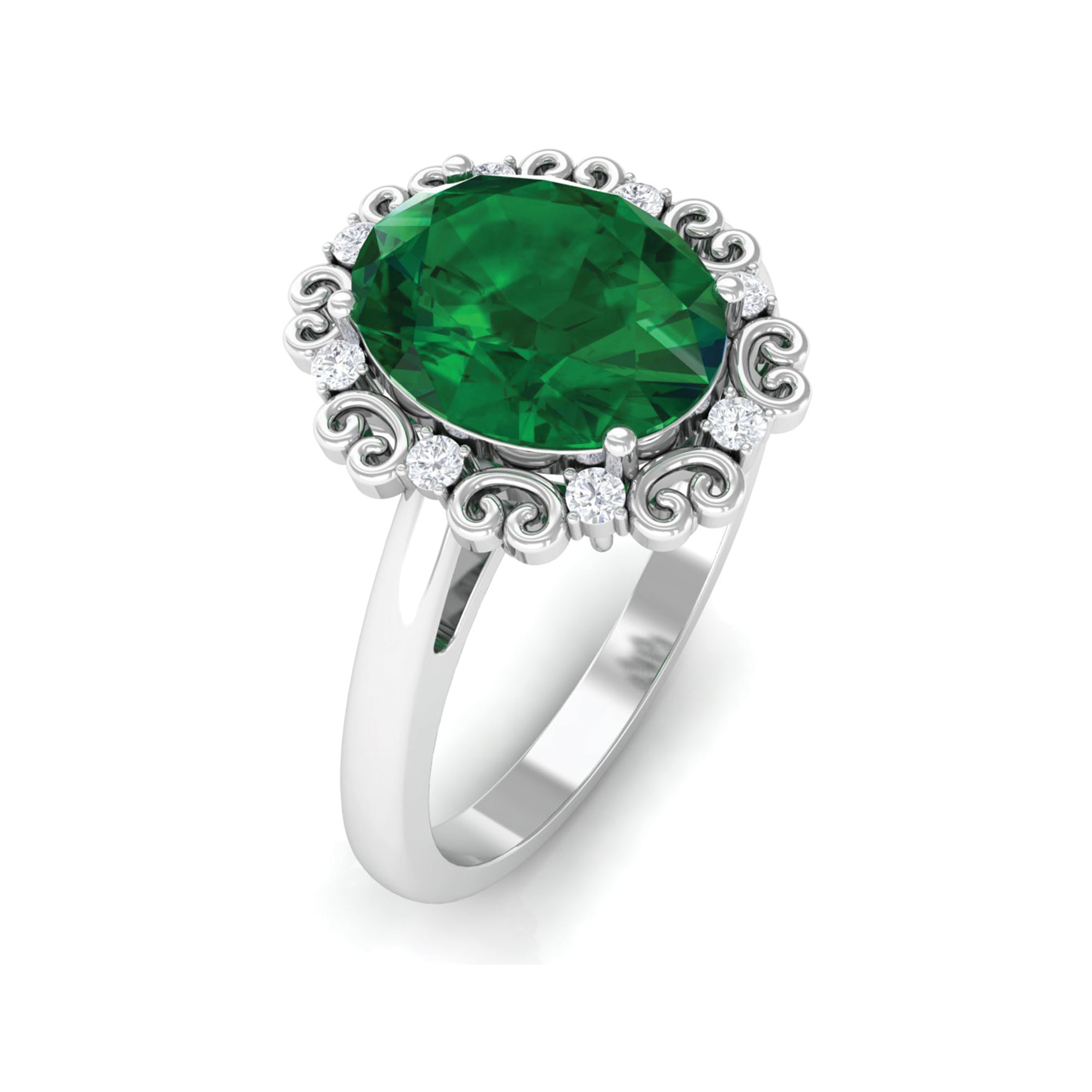 Lab Grown Emerald Vintage Style Engagement Ring with Diamond Lab Created Emerald - ( AAAA ) - Quality - Rosec Jewels