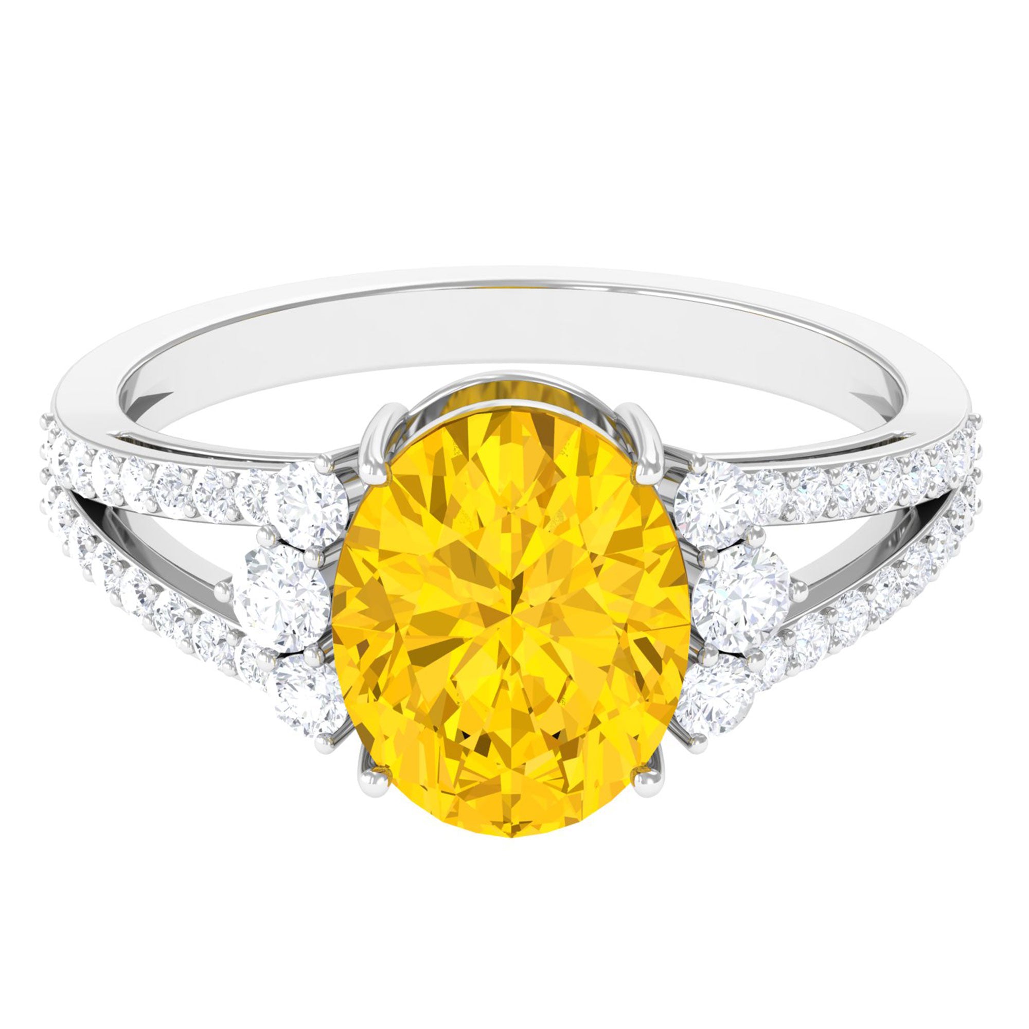 Lab Grown Yellow Sapphire Oval Engagement Ring With Moissanite Lab Created Yellow Sapphire - ( AAAA ) - Quality - Rosec Jewels