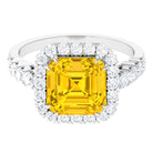 Created Yellow Sapphire and Moissanite Halo Engagement Ring Lab Created Yellow Sapphire - ( AAAA ) - Quality - Rosec Jewels