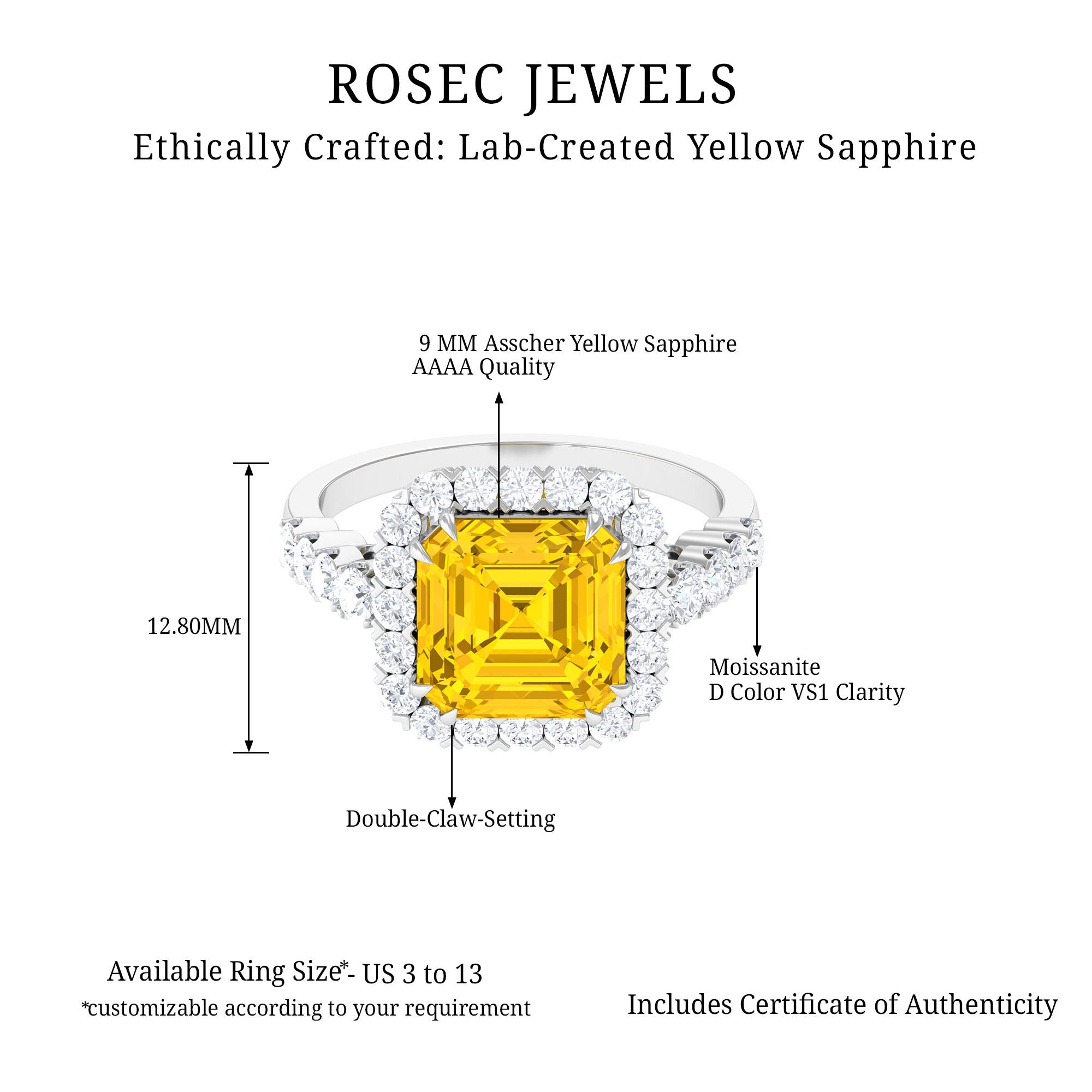 Created Yellow Sapphire and Moissanite Halo Engagement Ring Lab Created Yellow Sapphire - ( AAAA ) - Quality - Rosec Jewels