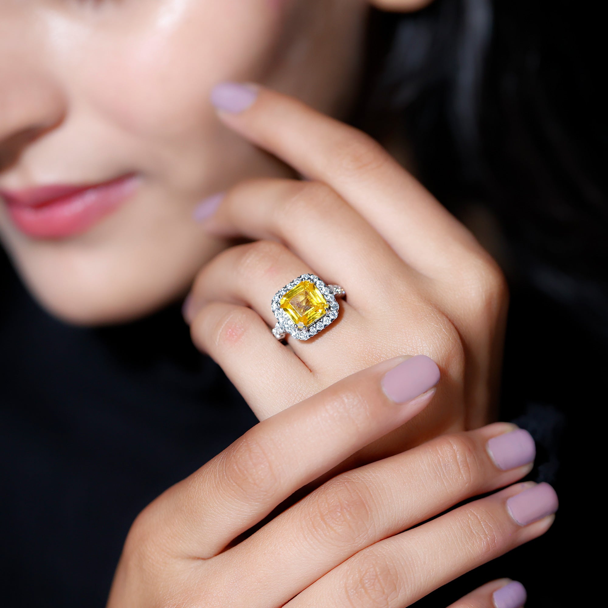 Created Yellow Sapphire and Moissanite Halo Engagement Ring Lab Created Yellow Sapphire - ( AAAA ) - Quality - Rosec Jewels