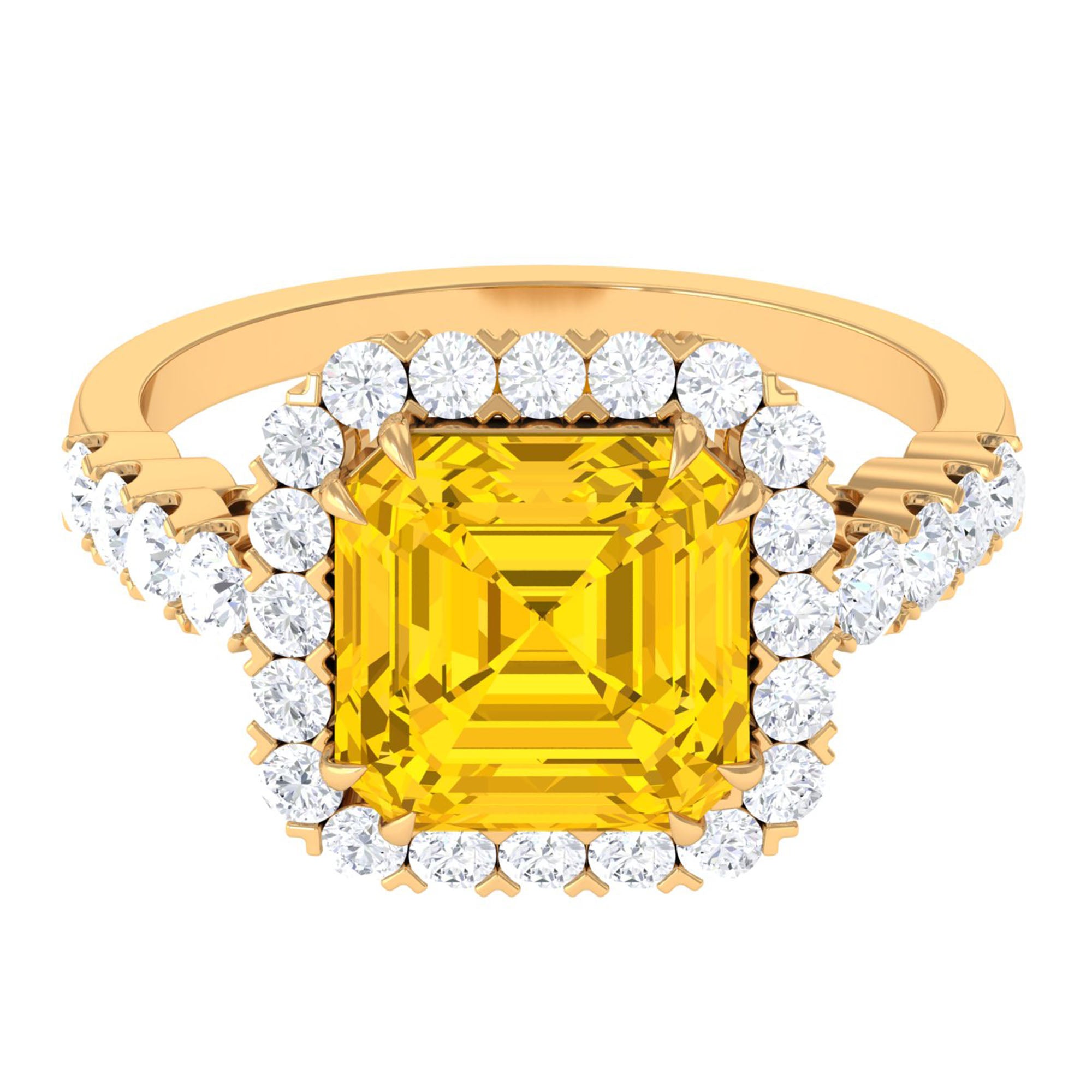 Created Yellow Sapphire and Moissanite Halo Engagement Ring Lab Created Yellow Sapphire - ( AAAA ) - Quality - Rosec Jewels