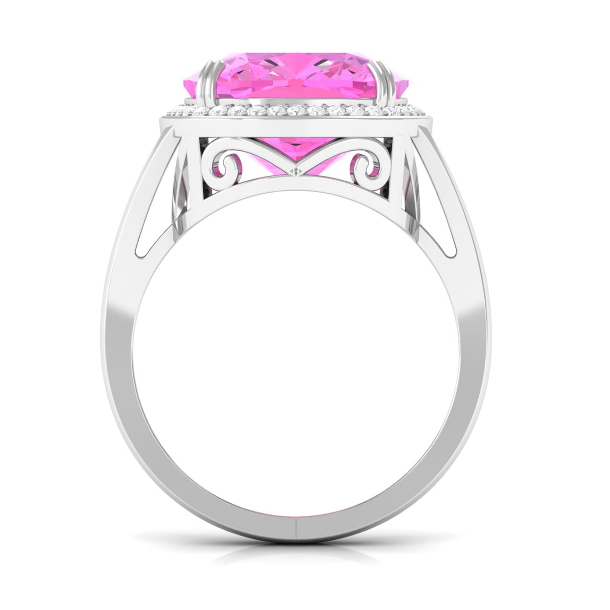 Cushion Cut Created Pink Sapphire Halo Cocktail Ring with Diamond Lab Created Pink Sapphire - ( AAAA ) - Quality - Rosec Jewels