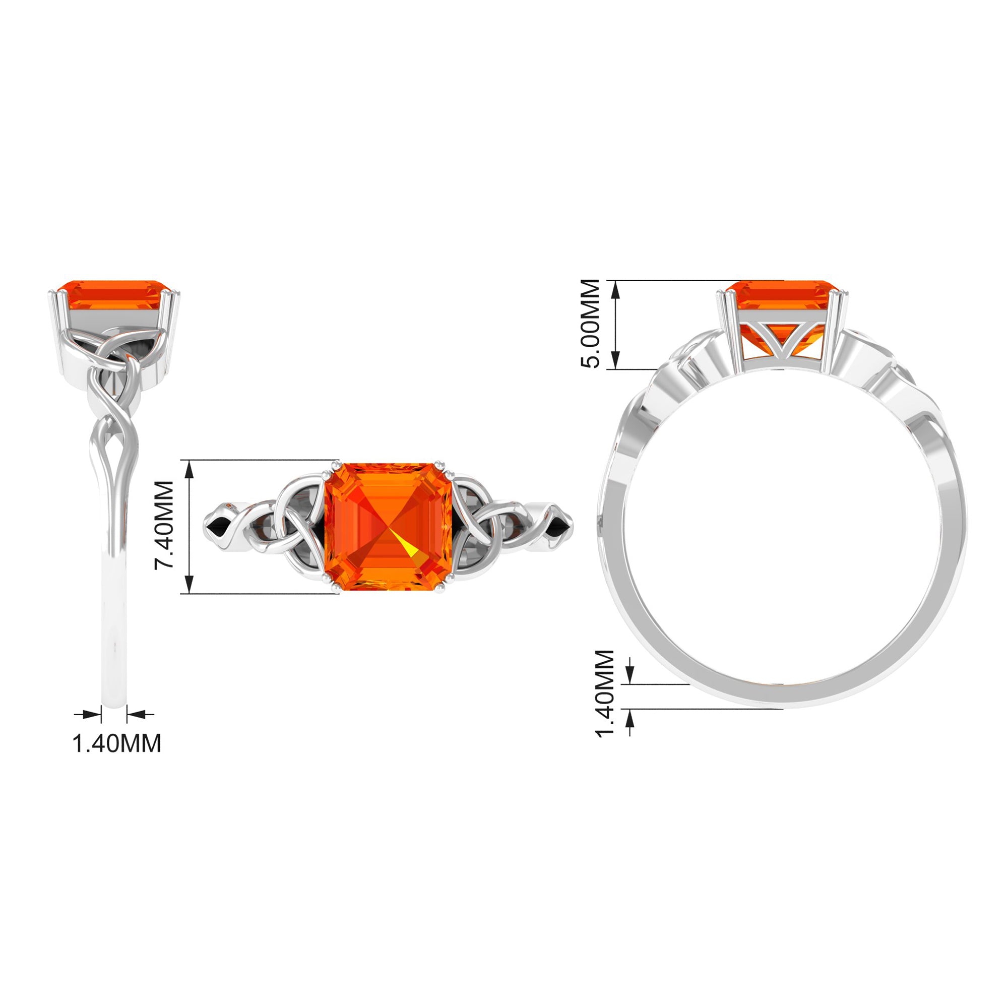 8 MM Asscher Cut Lab Grown Orange Sapphire Solitaire Celtic Engagement Ring Lab Created Orange Sapphire - ( AAAA ) - Quality - Rosec Jewels