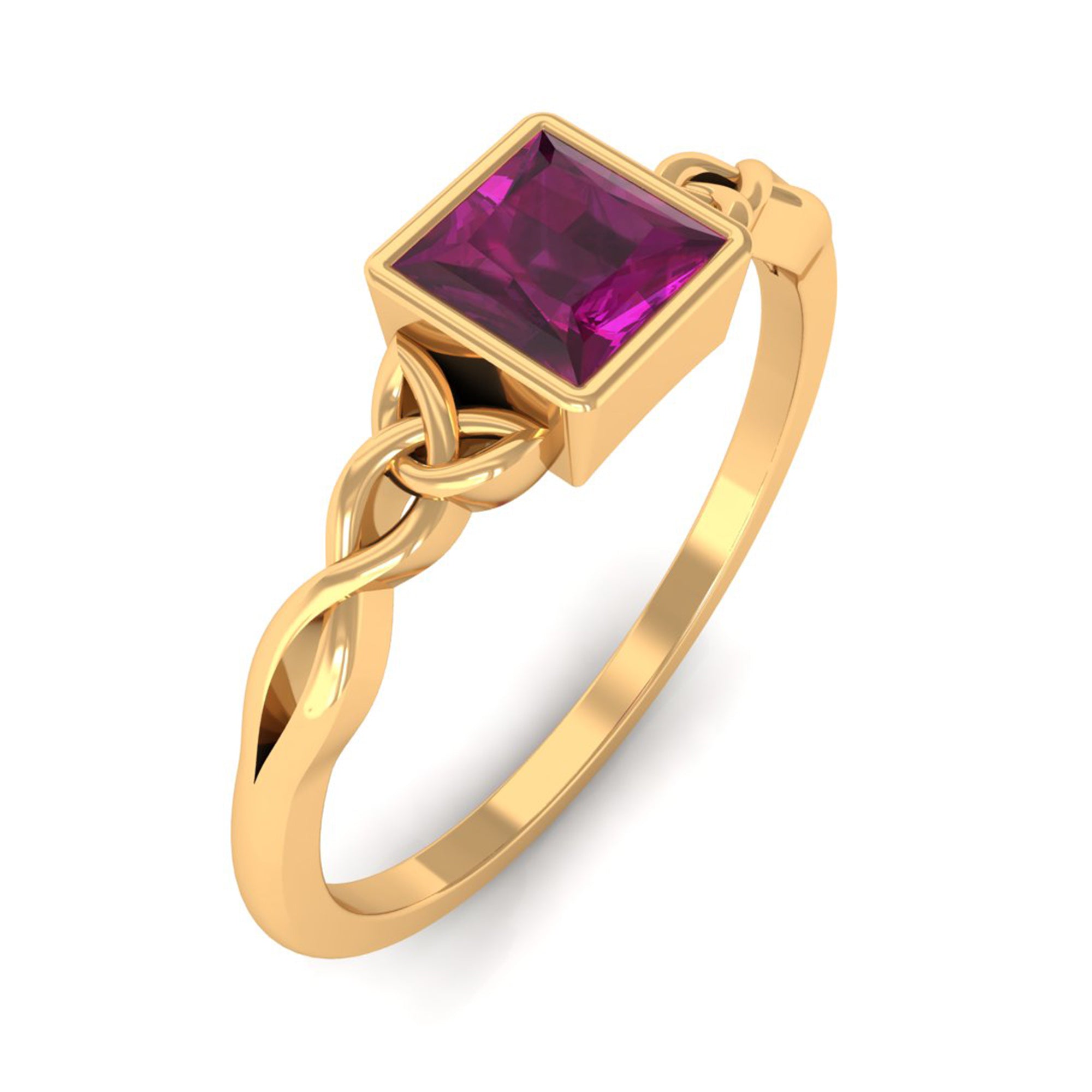 Real Rhodolite Princess Cut Solitaire Celtic Ring in Bezel Setting Rhodolite - ( AAA ) - Quality - Rosec Jewels