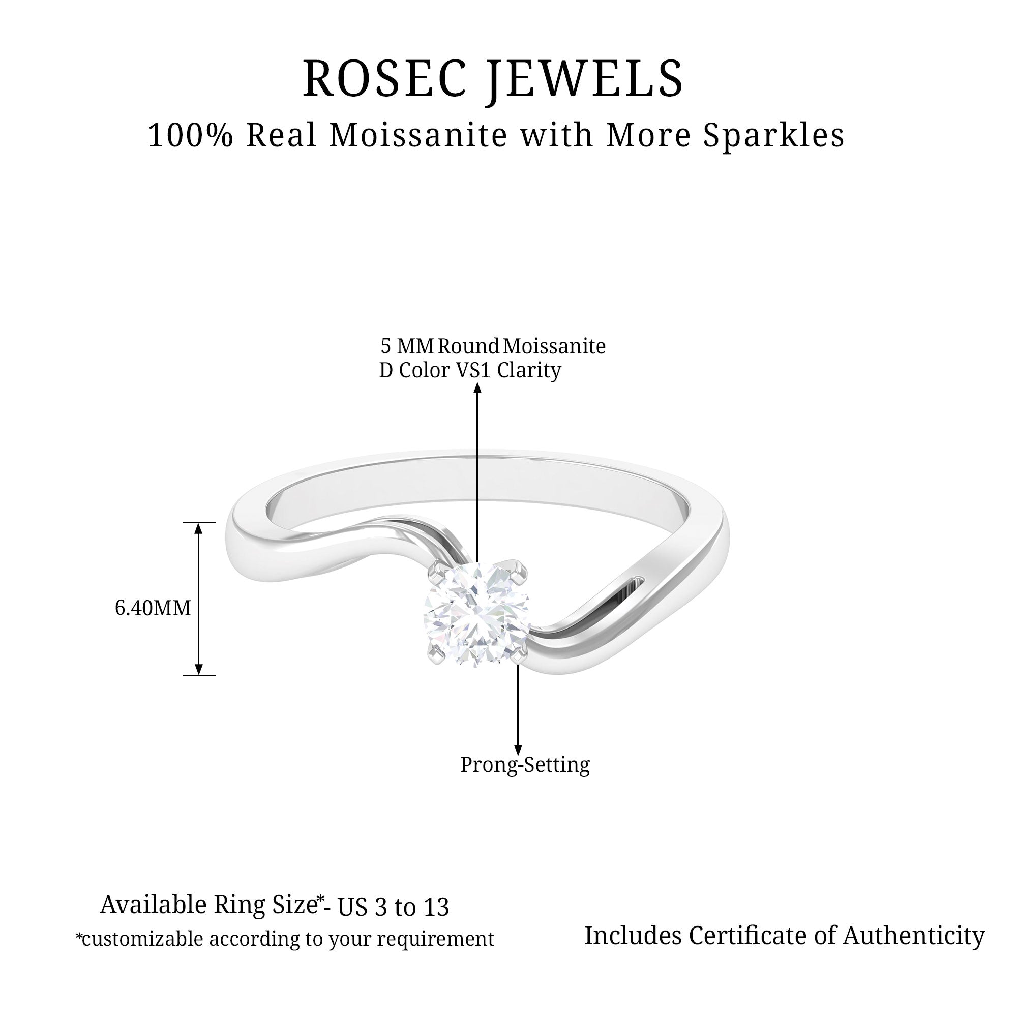 Cute Moissanite Solitaire Bypass Ring Moissanite - ( D-VS1 ) - Color and Clarity - Rosec Jewels