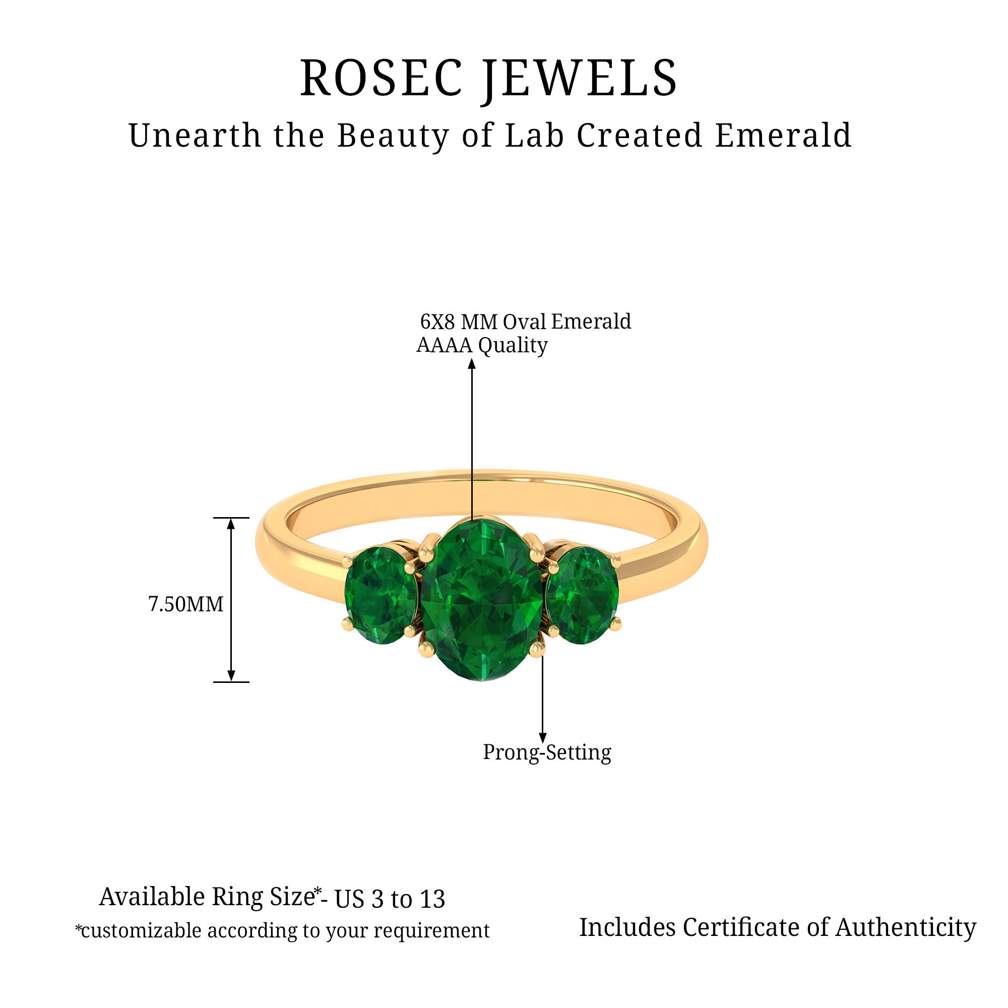 Oval Shape Lab Grown Emerald Three Stone Engagement Ring Lab Created Emerald - ( AAAA ) - Quality - Rosec Jewels