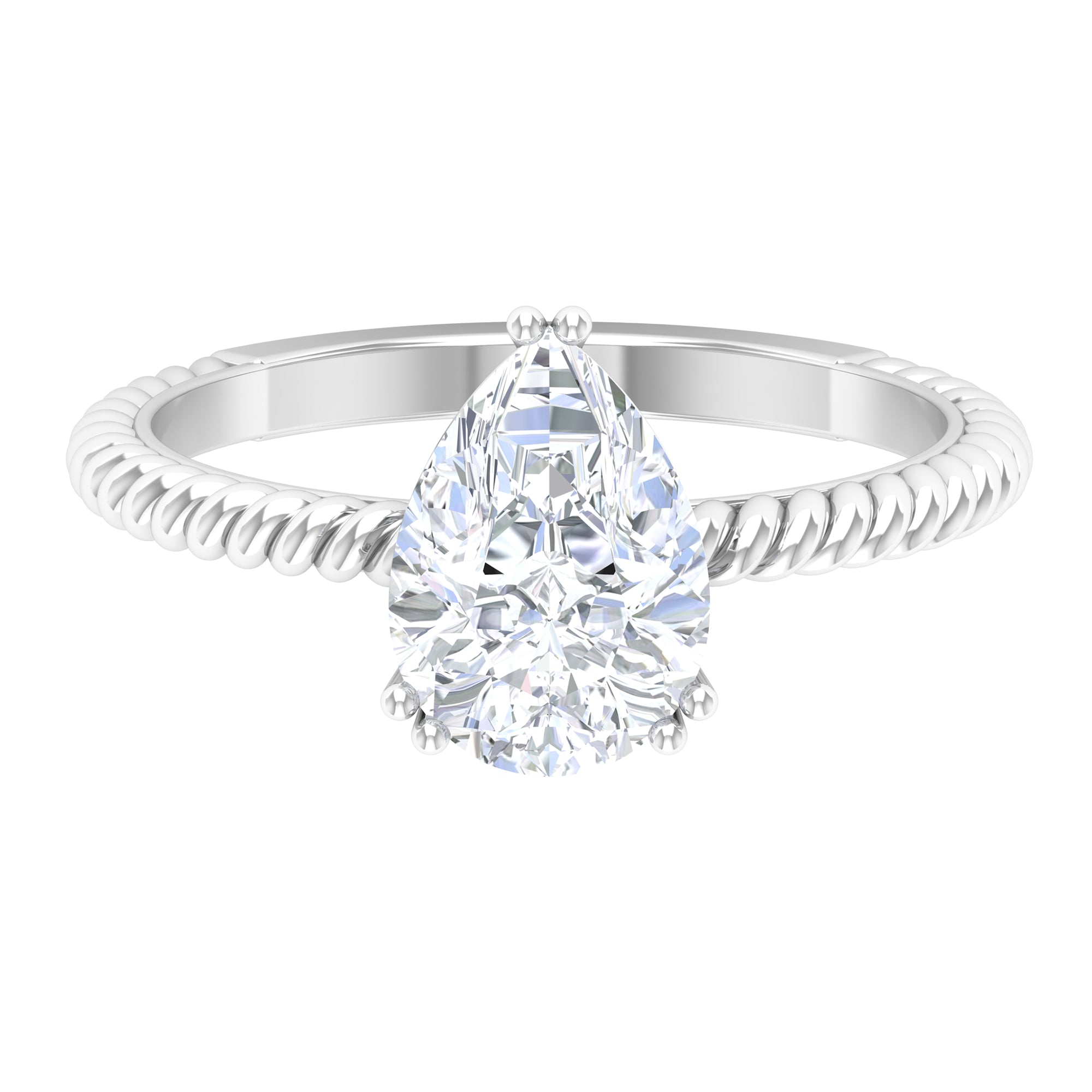 Rosec Jewels-10X7 MM V Scroll Set Pear Cut Moissanite Solitaire Ring with Twisted Rope Details