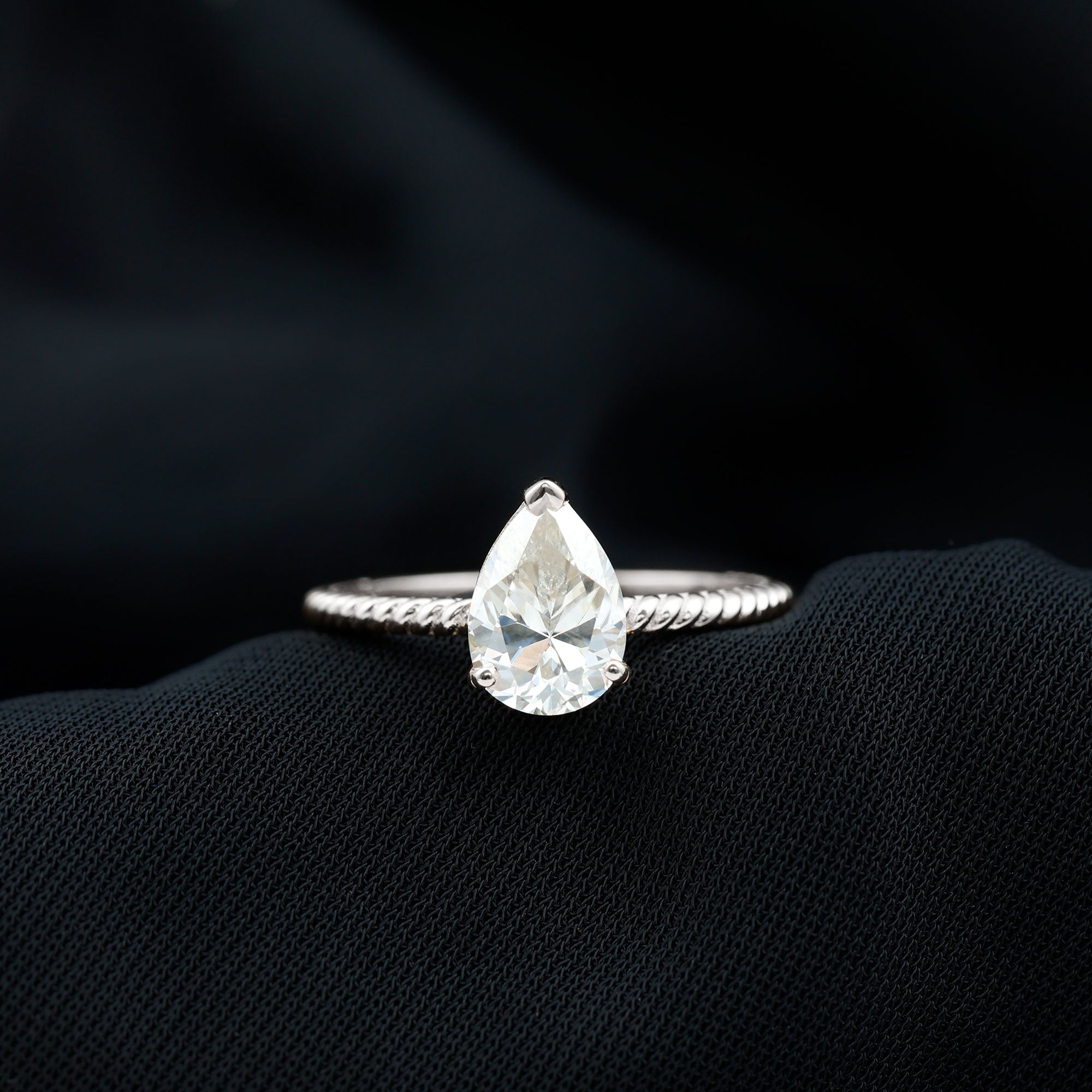 Pear Shaped Moissanite Solitaire Ring with Gold Twisted Rope Moissanite - ( D-VS1 ) - Color and Clarity - Rosec Jewels