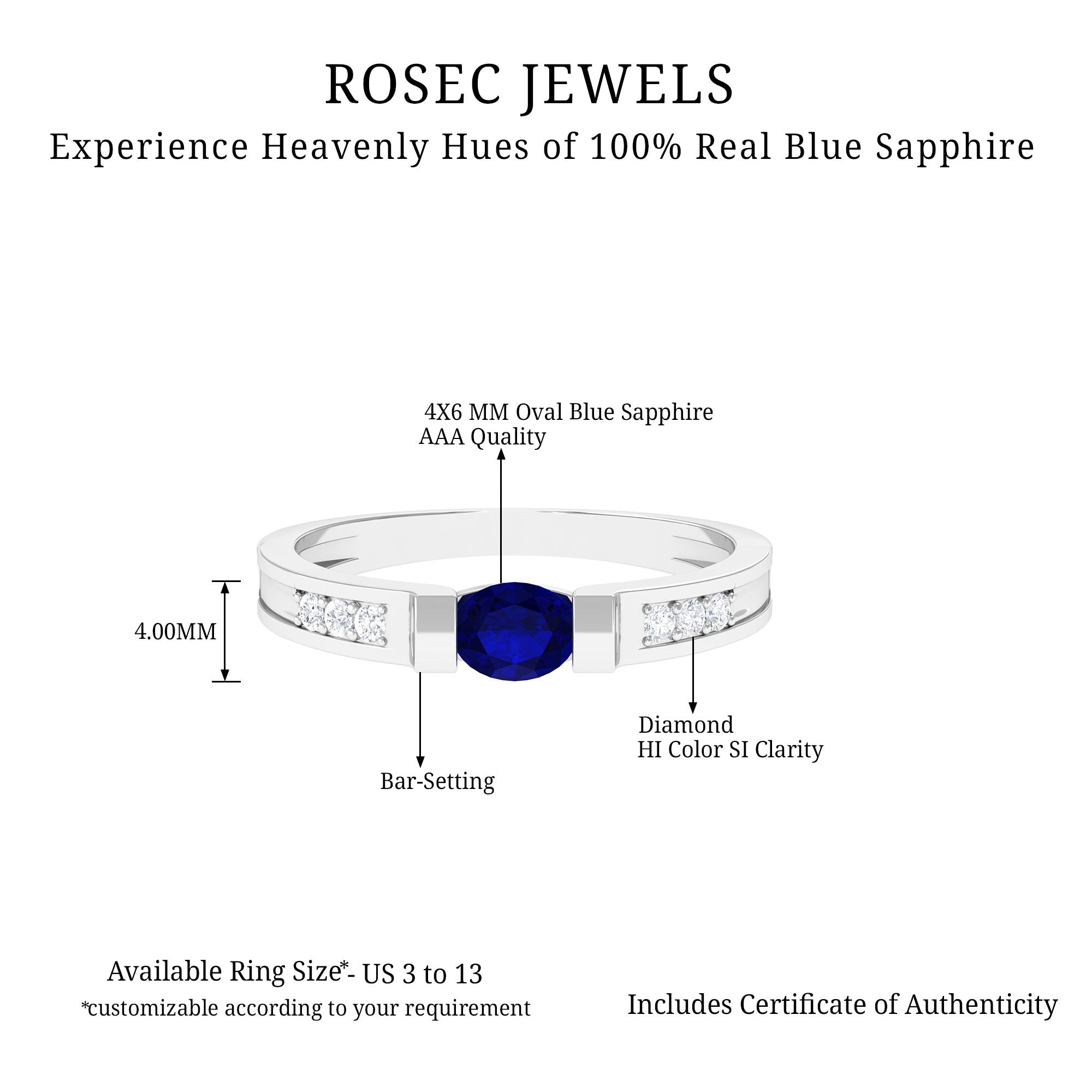 0.5 CT Oval Blue Sapphire East West Solitaire Ring with Diamond Blue Sapphire - ( AAA ) - Quality - Rosec Jewels