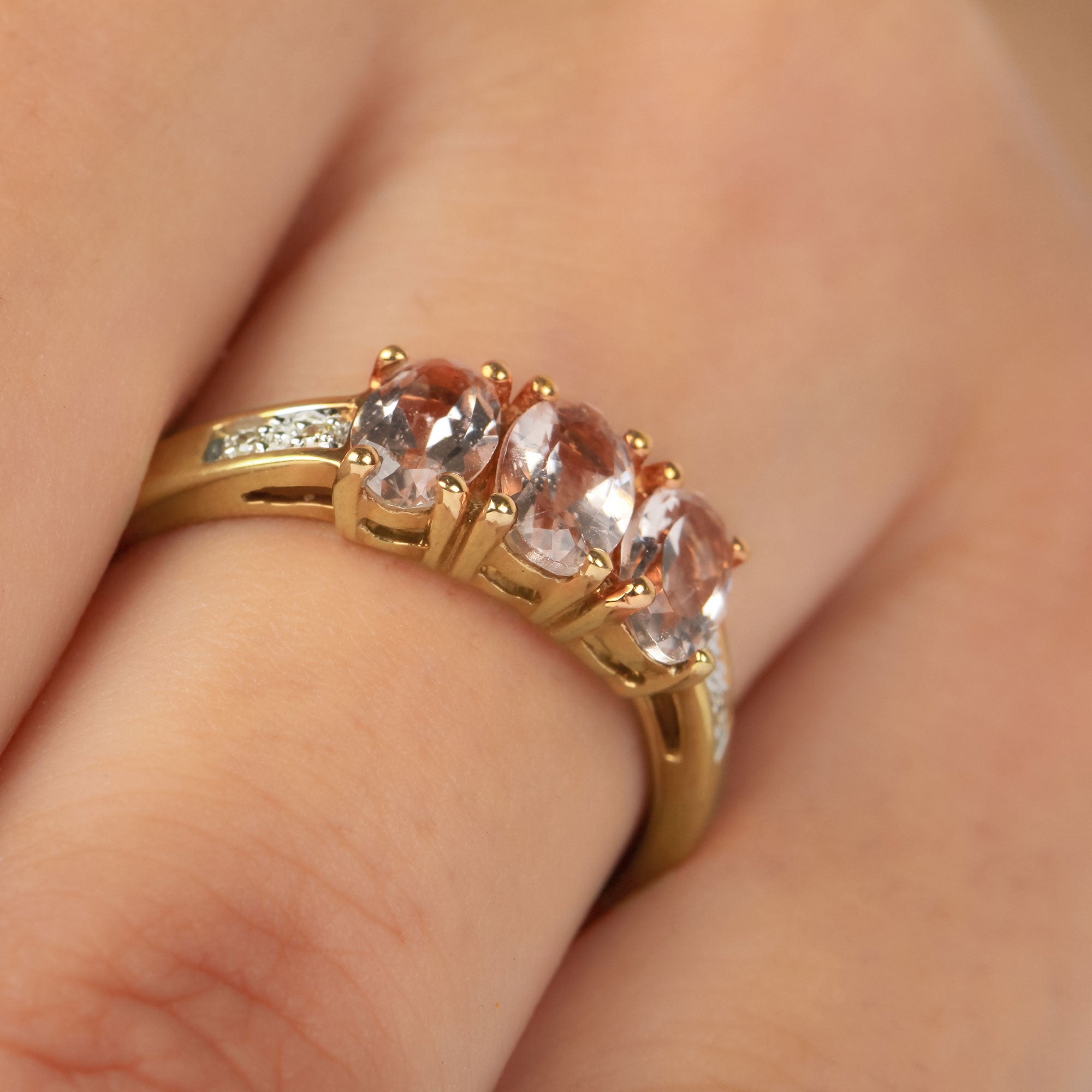 Oval Cut Morganite Three Stone Engagement Ring with Diamond Morganite - ( AAA ) - Quality - Rosec Jewels