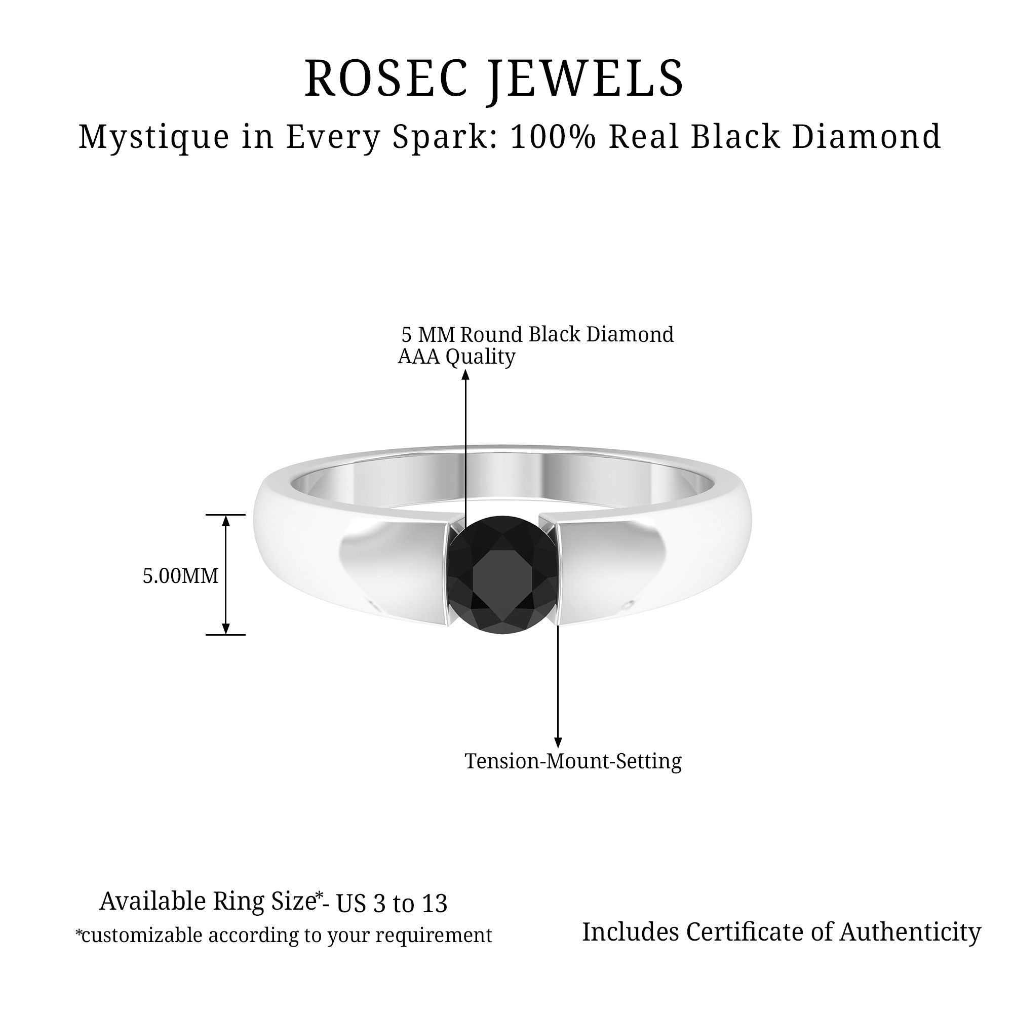 5 MM Round Cut Black Diamond Solitaire Band in Tension Mount Setting Black Diamond - ( AAA ) - Quality - Rosec Jewels