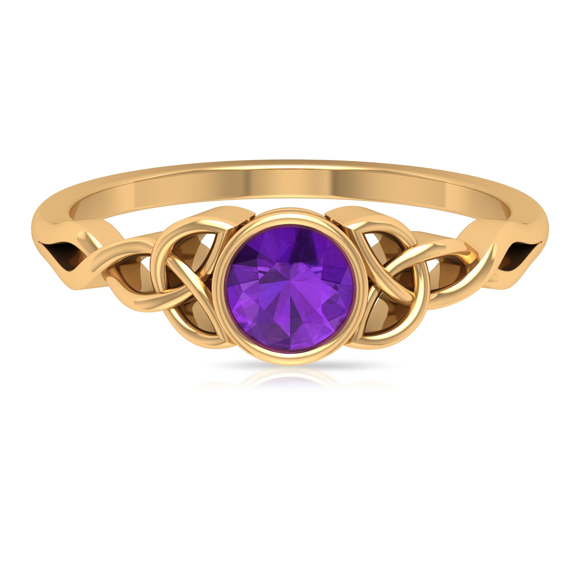 Bezel Set Round Shape Amethyst Solitaire Ring with Celtic Knot Amethyst - ( AAA ) - Quality - Rosec Jewels