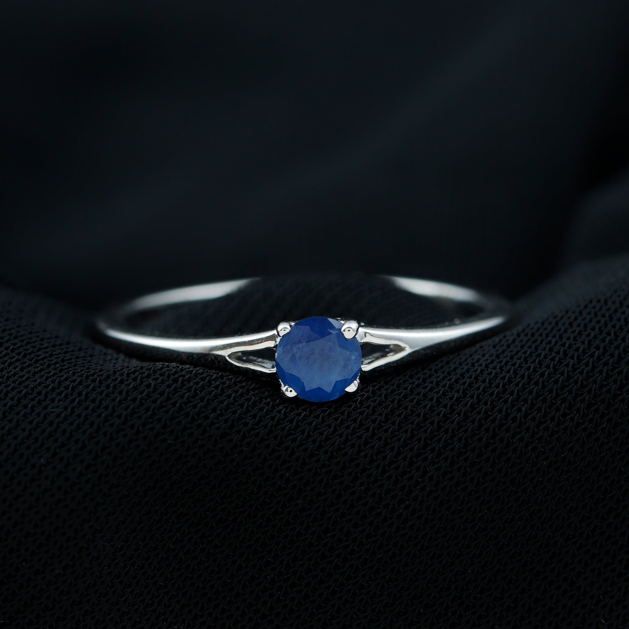 Round Solitaire Blue Sapphire Ring in Split Shank Blue Sapphire - ( AAA ) - Quality - Rosec Jewels