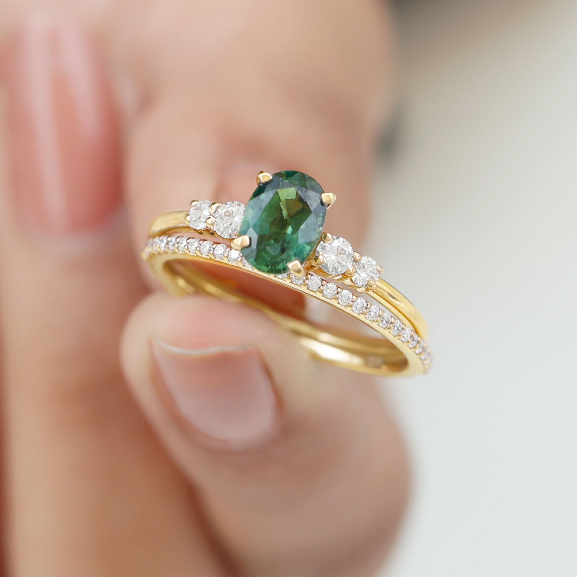 1.50 CT Created Green Sapphire and Diamond Ring Set Lab Created Green Sapphire - ( AAAA ) - Quality - Rosec Jewels